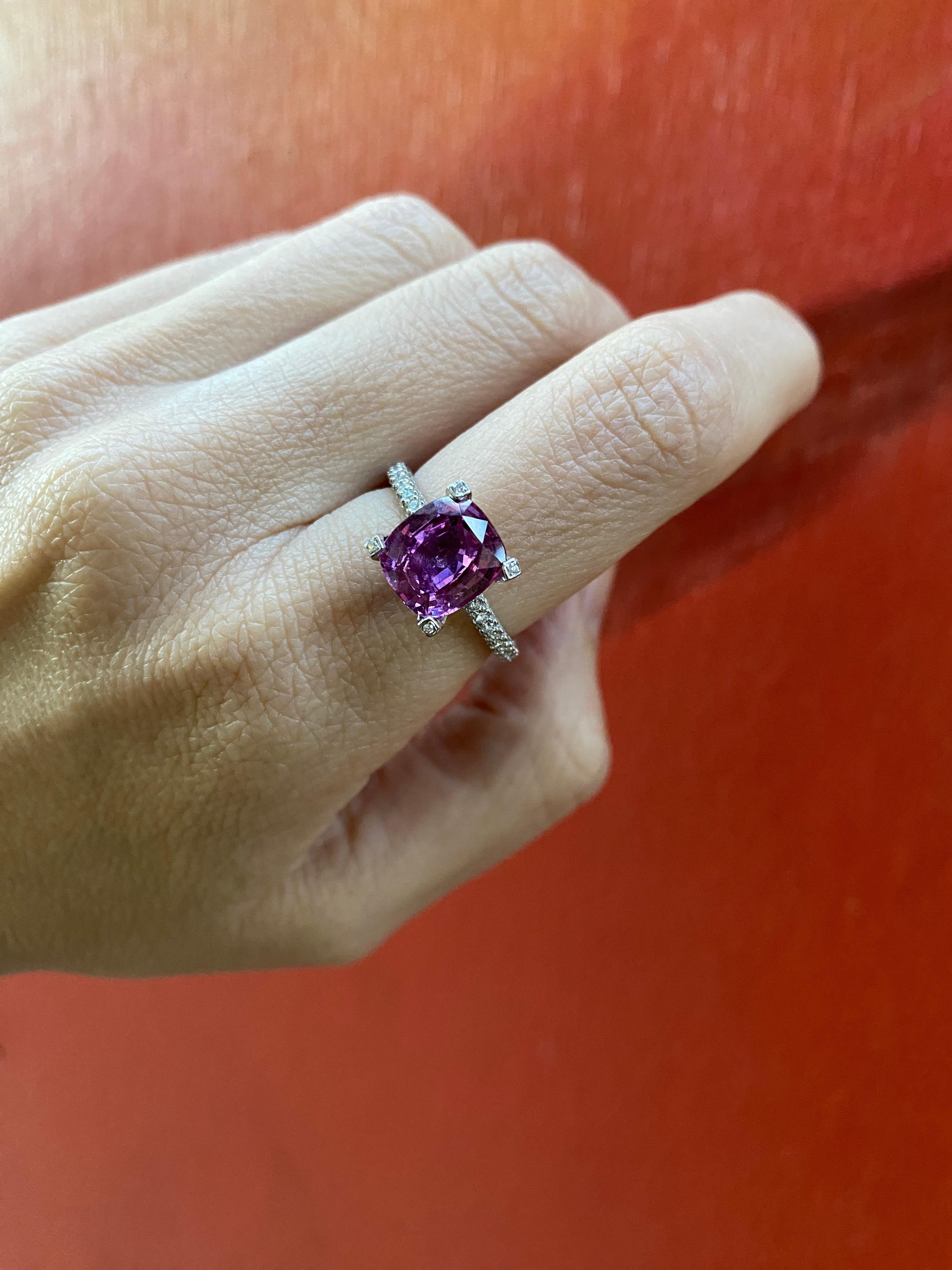 GIA Certified 4.11 Carat Cushion Cut Purplish Pink Sapphire & Diamond Ring For Sale 9