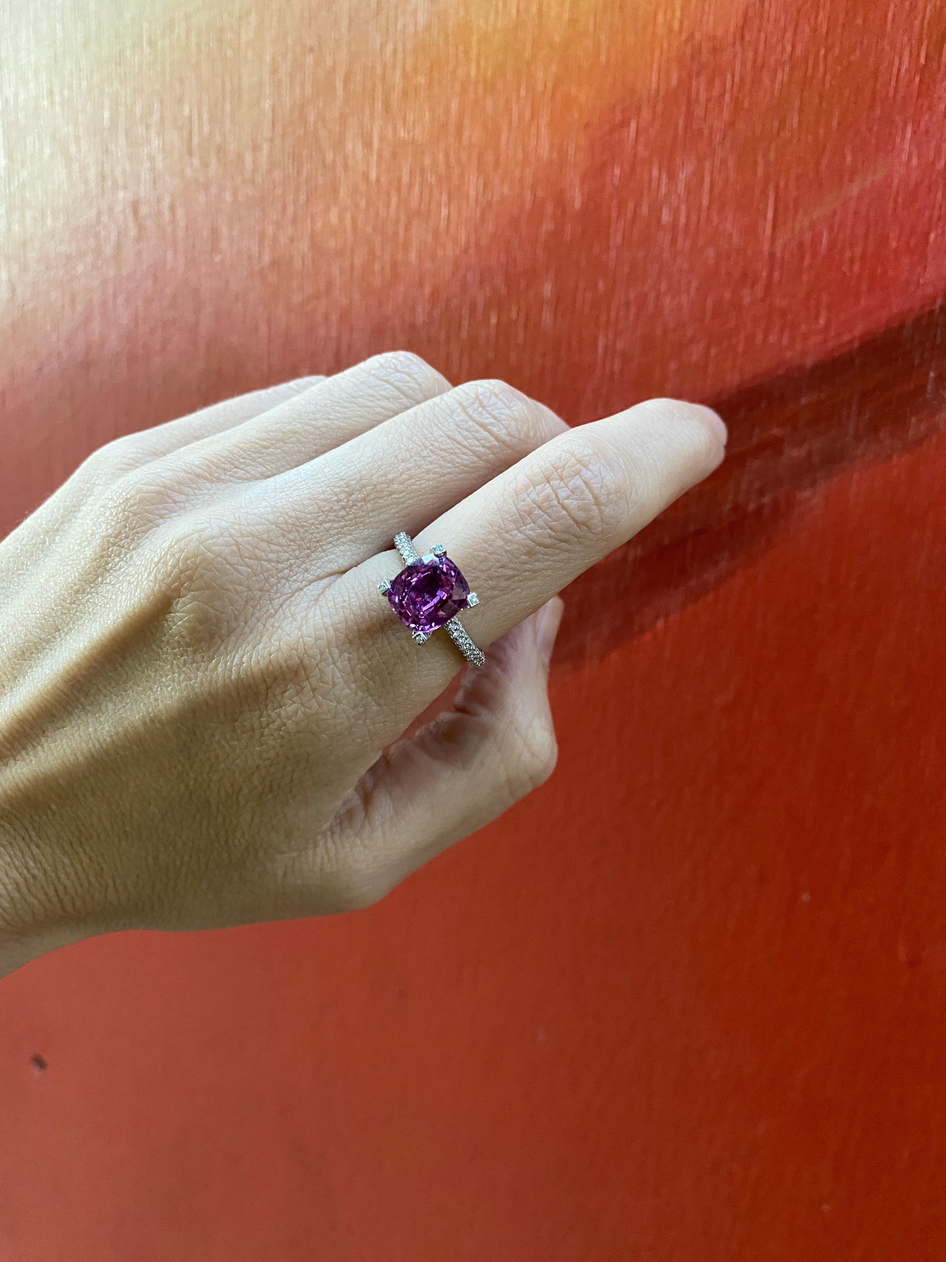 GIA Certified 4.11 Carat Cushion Cut Purplish Pink Sapphire & Diamond Ring For Sale 10