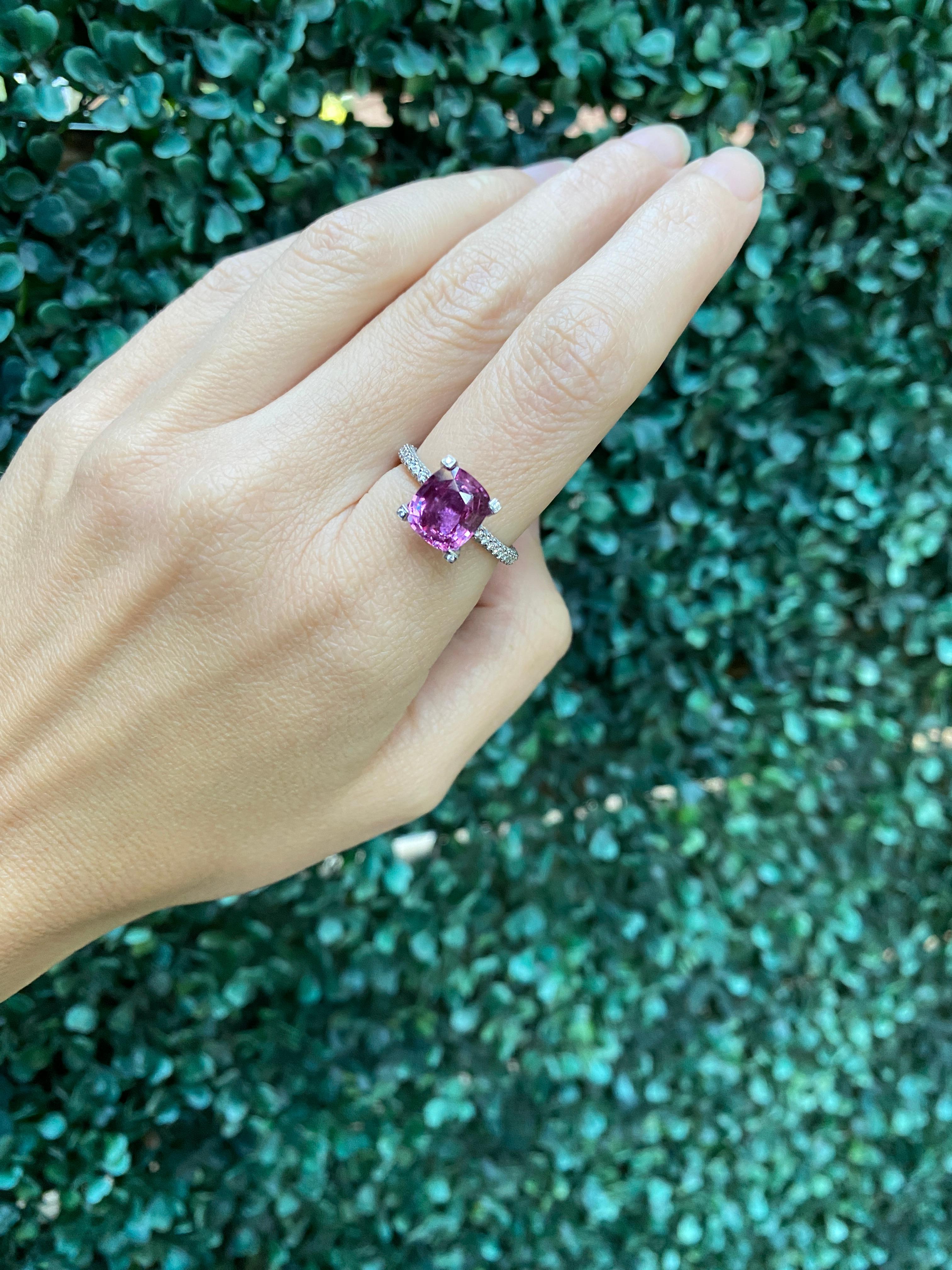 GIA Certified 4.11 Carat Cushion Cut Purplish Pink Sapphire & Diamond Ring For Sale 11