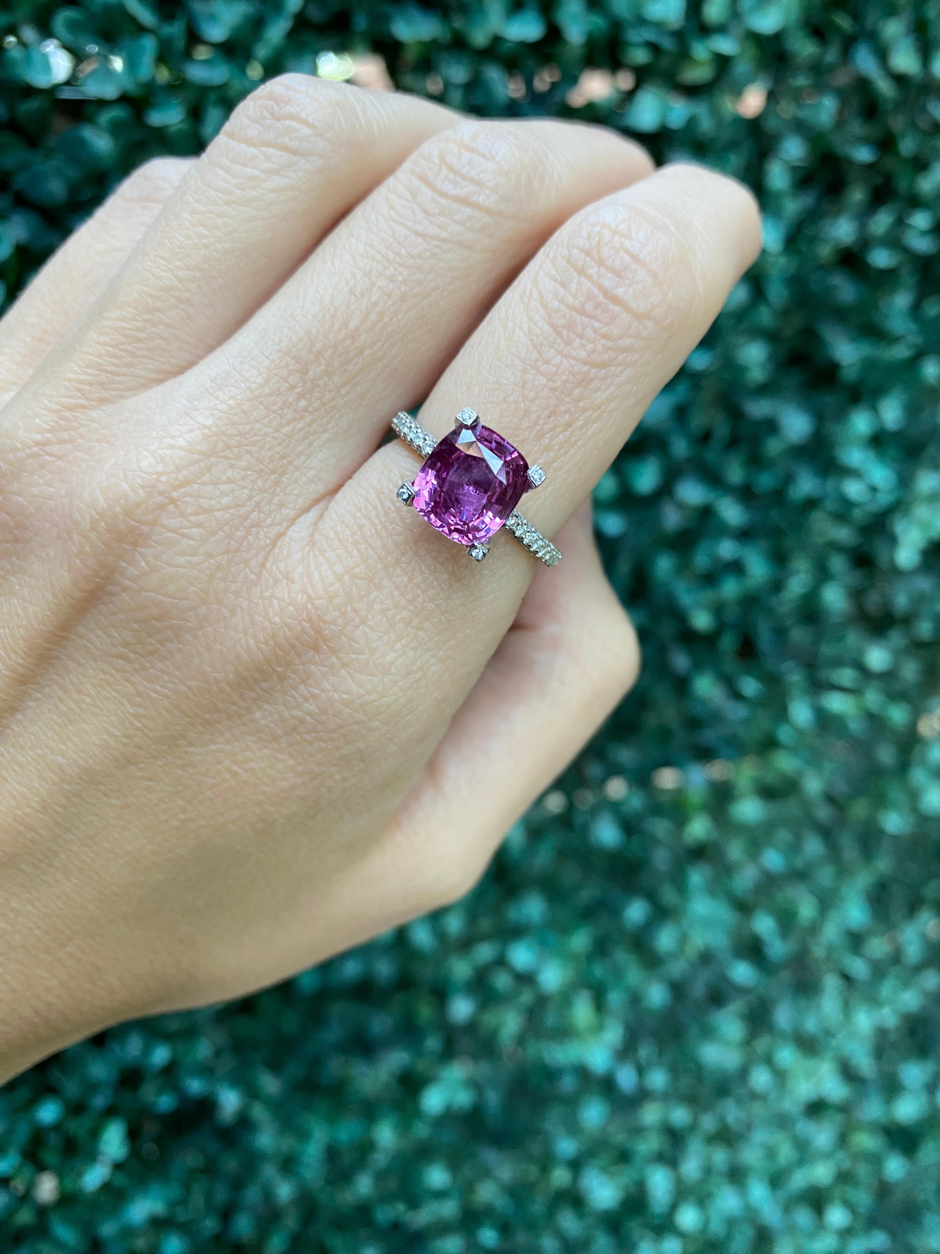 GIA Certified 4.11 Carat Cushion Cut Purplish Pink Sapphire & Diamond Ring For Sale 12