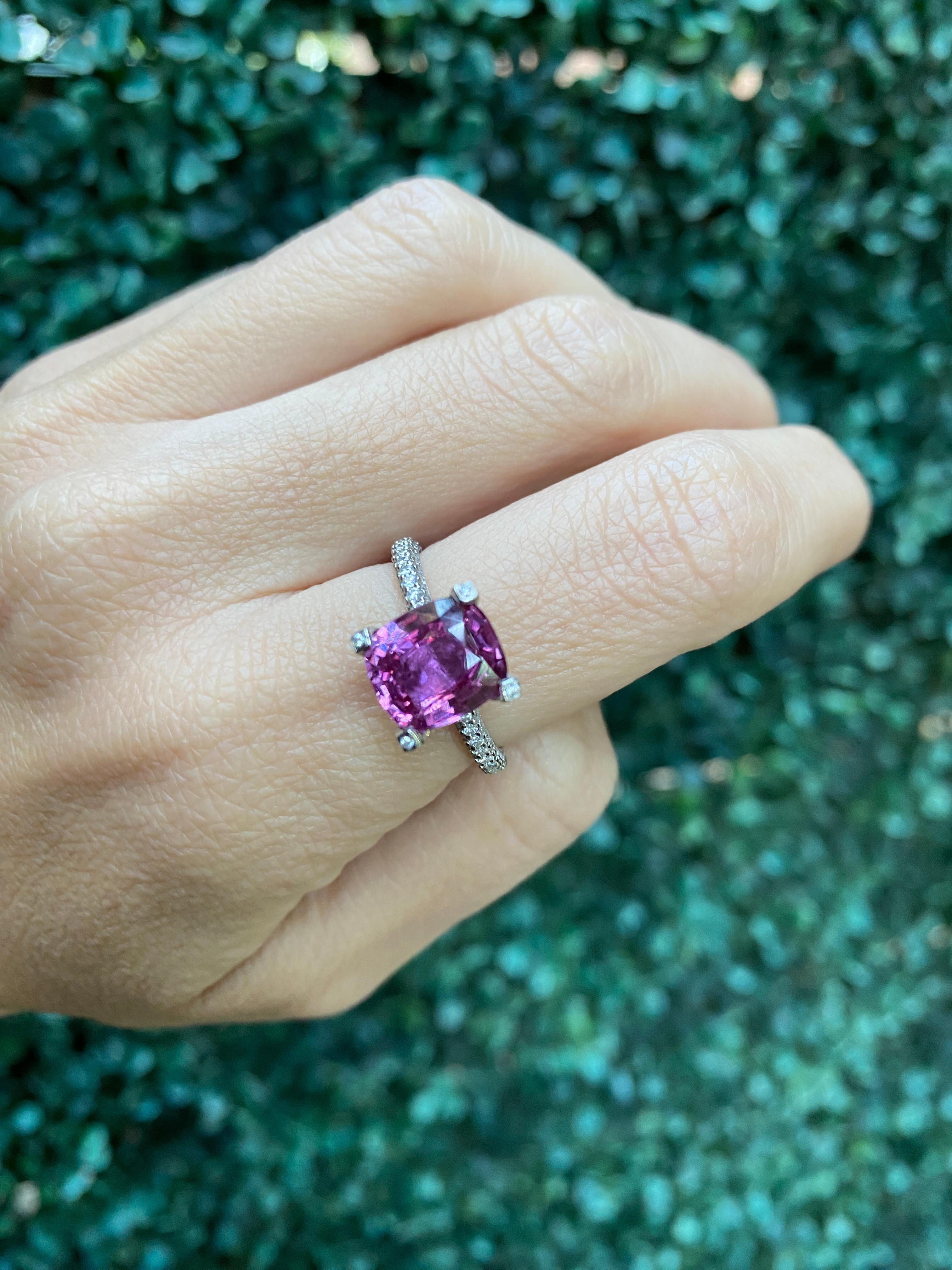 GIA Certified 4.11 Carat Cushion Cut Purplish Pink Sapphire & Diamond Ring For Sale 15