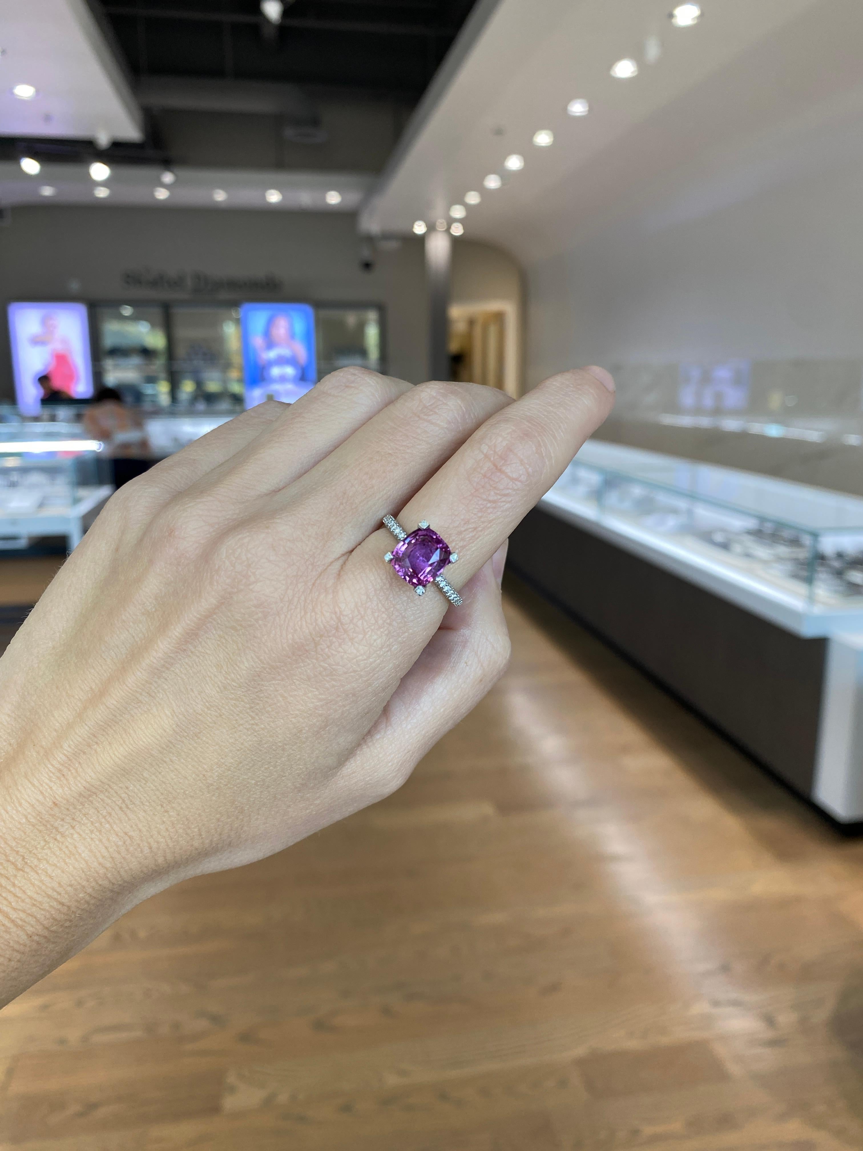 GIA Certified 4.11 Carat Cushion Cut Purplish Pink Sapphire & Diamond Ring For Sale 3