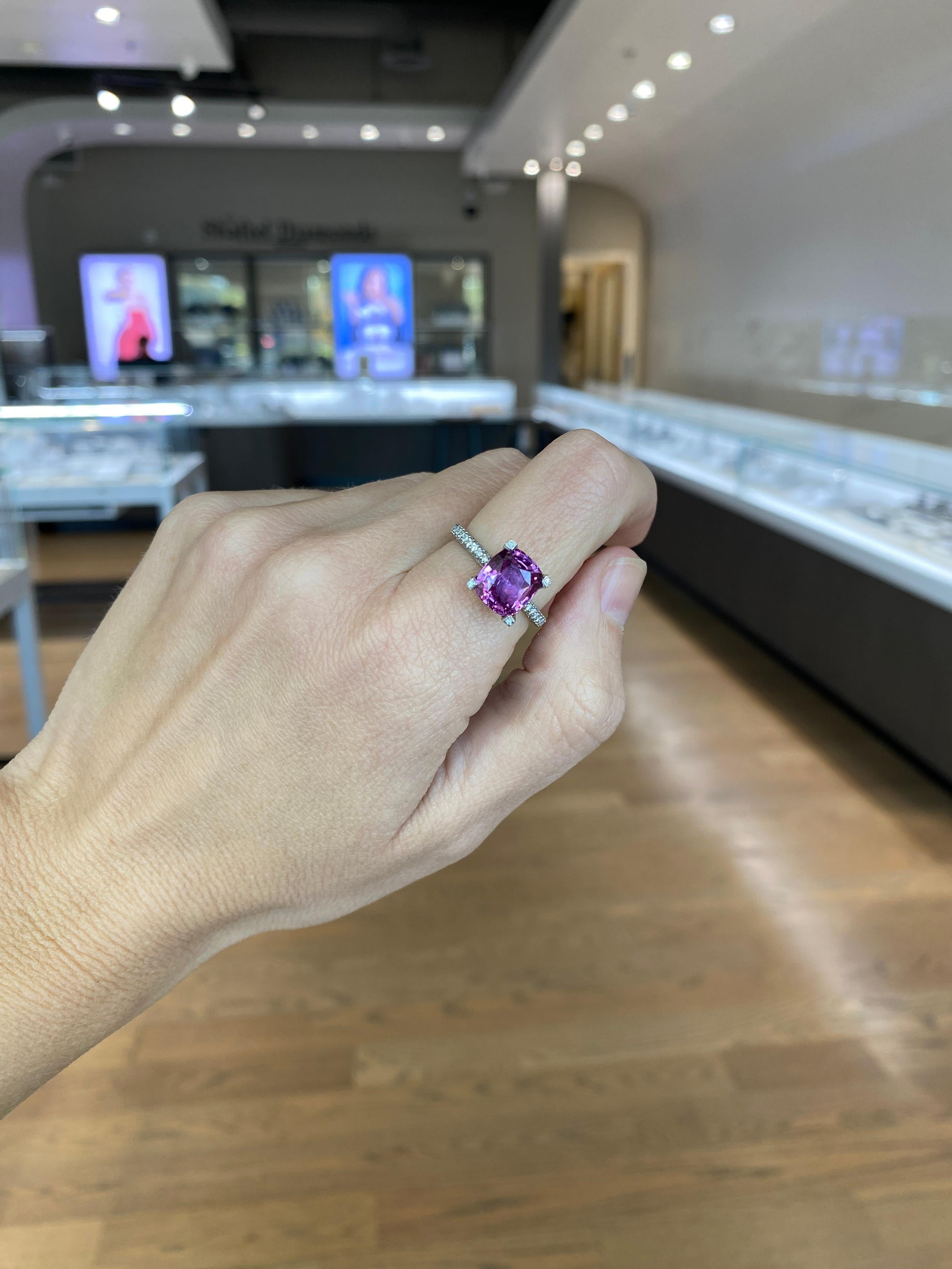 GIA Certified 4.11 Carat Cushion Cut Purplish Pink Sapphire & Diamond Ring For Sale 4