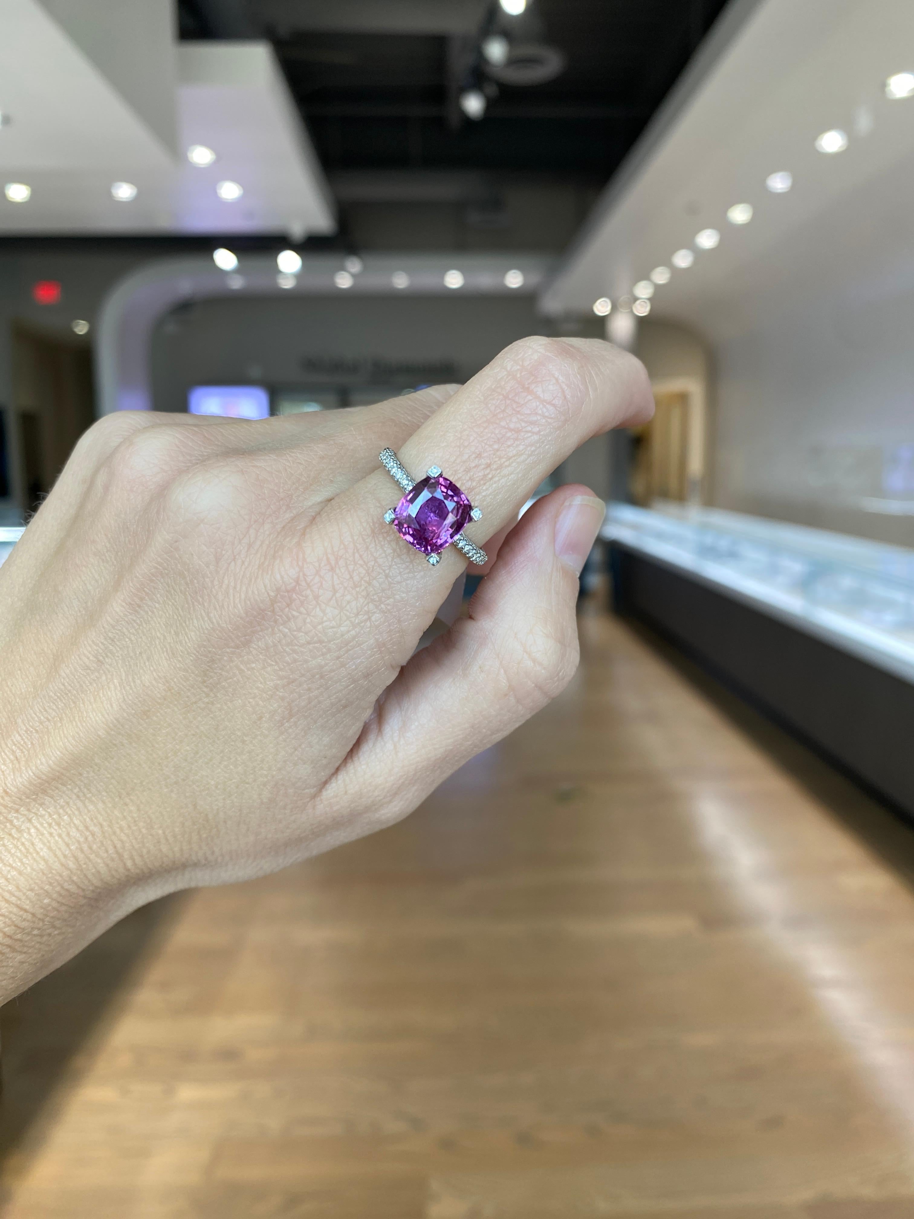 GIA Certified 4.11 Carat Cushion Cut Purplish Pink Sapphire & Diamond Ring For Sale 5