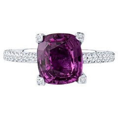 GIA Certified 4.11 Carat Cushion Cut Purplish Pink Sapphire & Diamond Ring