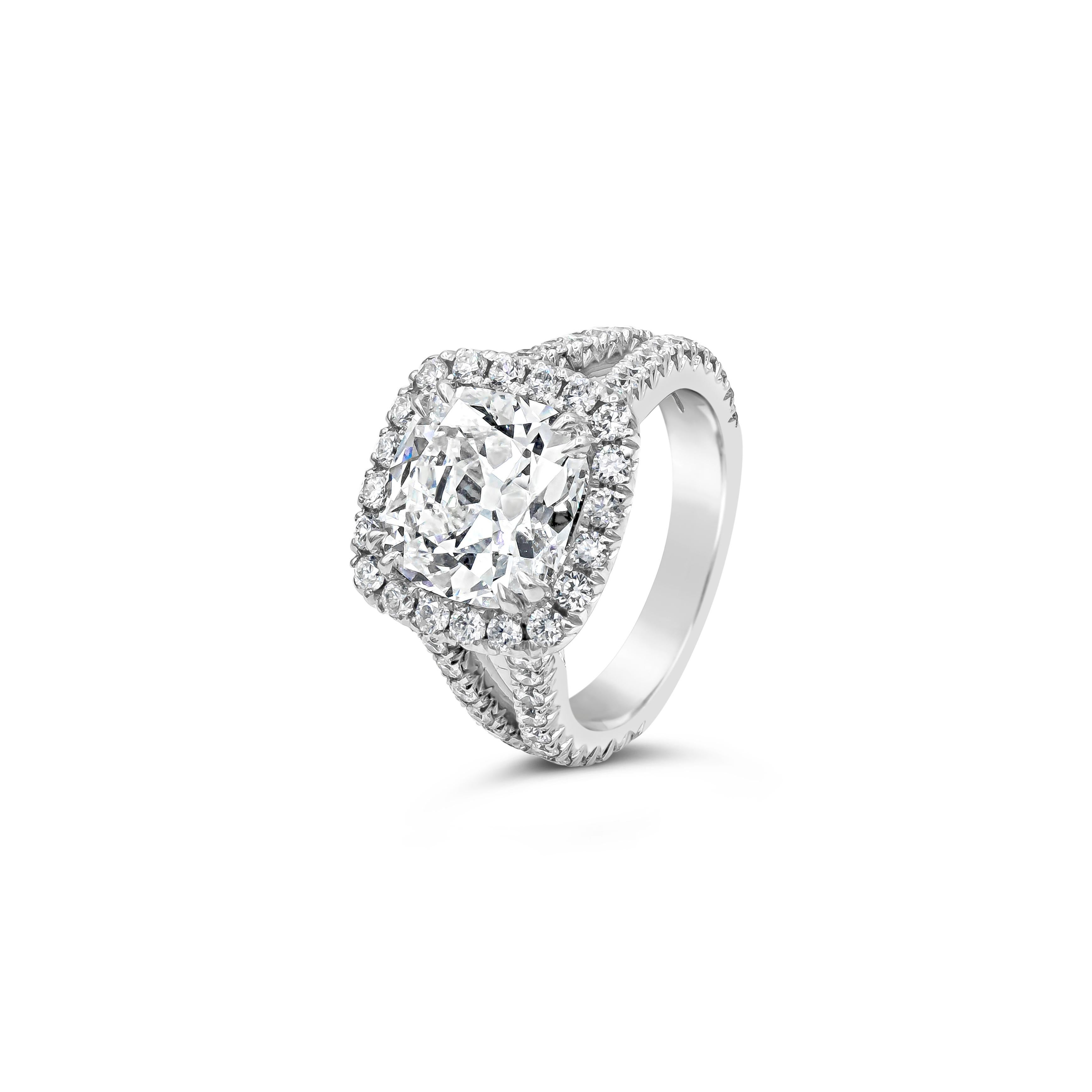 Contemporary GIA Certified 4.11 Carats Cushion Cut Diamond Halo Engagement Ring in White Gold For Sale