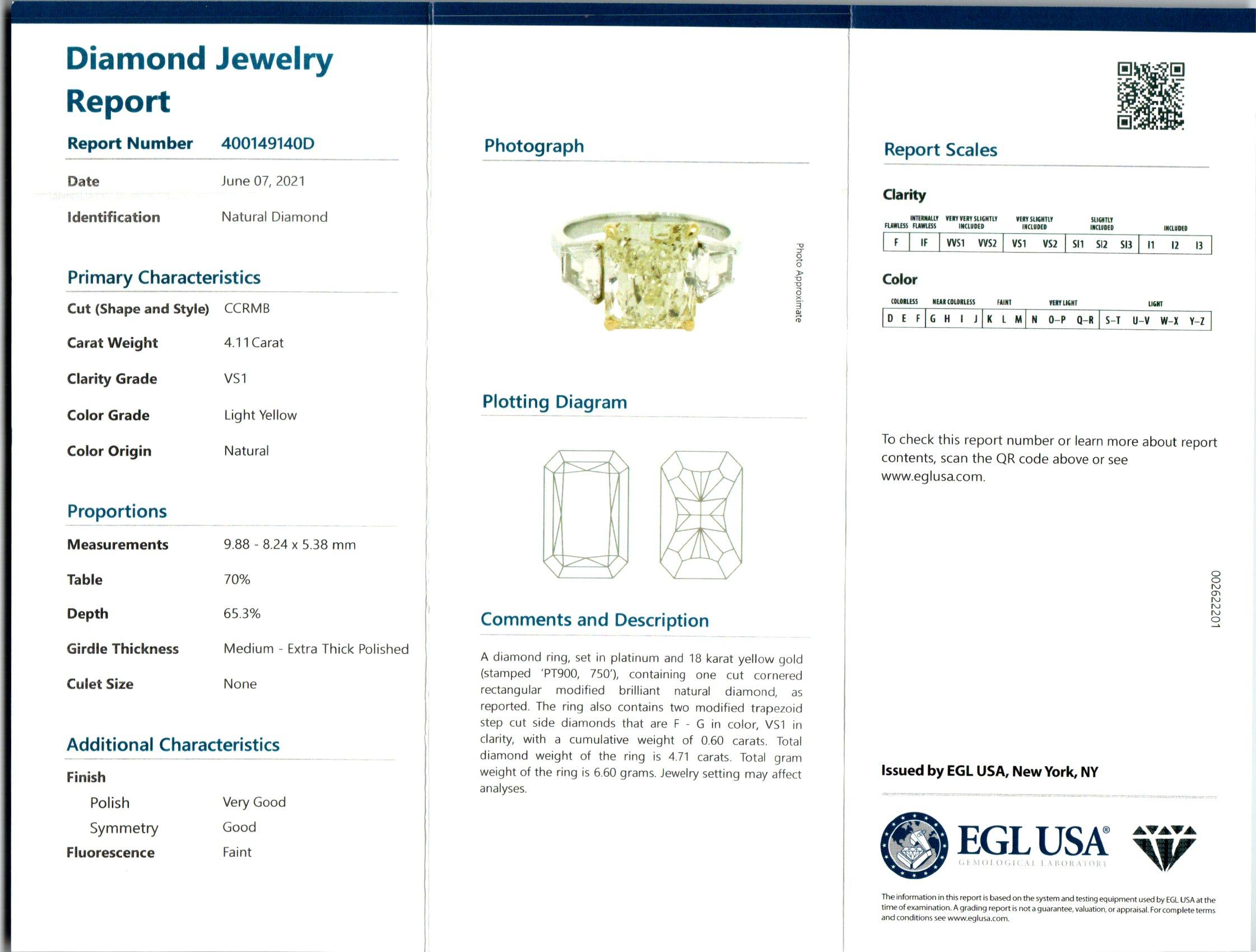 Radiant Cut GIA 4.11 Carat Yellow Diamond Platinum Gold Three-Stone Engagement Ring 