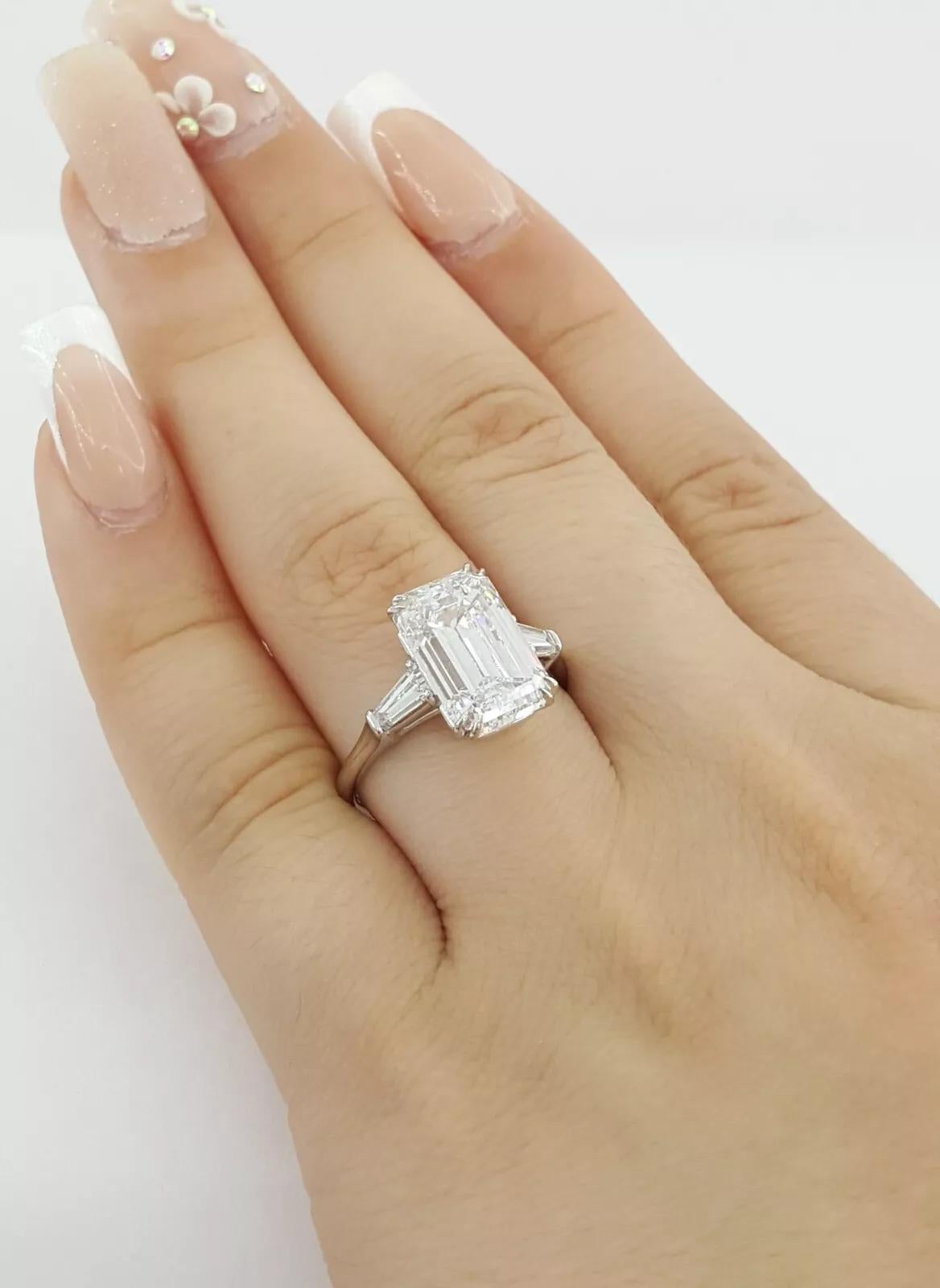 GIA Certified 4.11 Carat Emerald Cut Diamond Ring D COLOR FLAWLESS For Sale 1