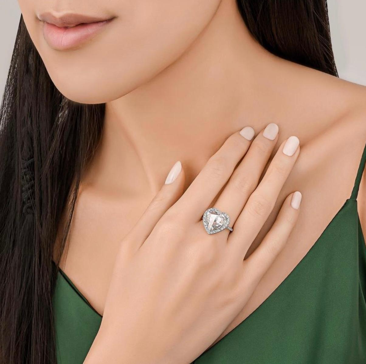 GIA Certified 4.11 Carat Heart Shape Rose Cut Ring in Platinum 8