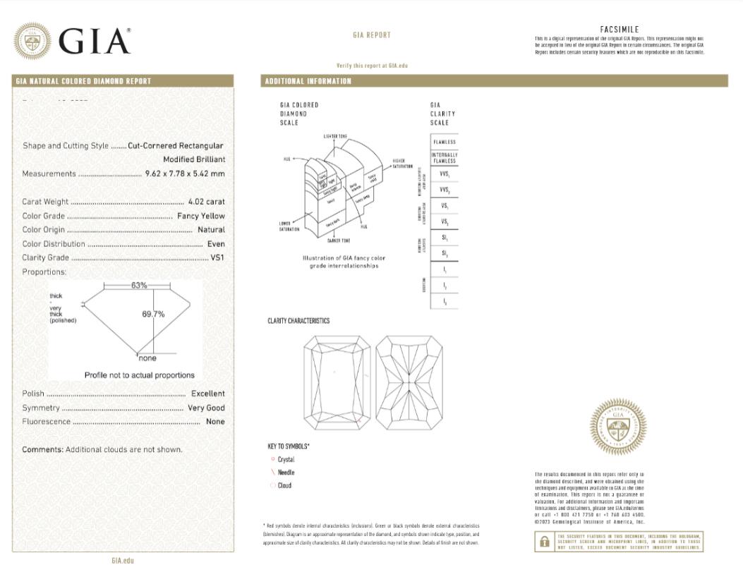 Contemporary GIA Certified 4 Carat Fancy Yellow Diamond 18k Platinum Ring VS1 For Sale