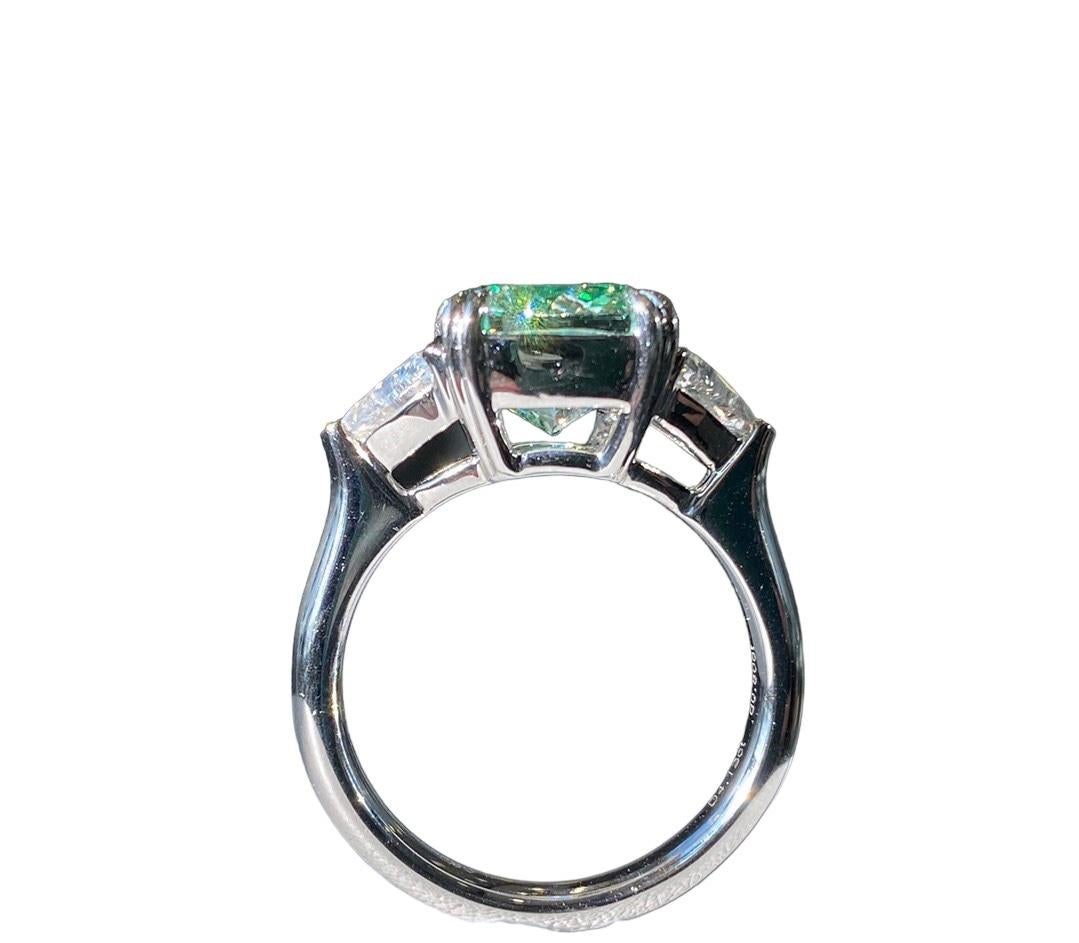 Classical Roman GIA Certified 4.12 Carat Green Diamond Three Stone Engagement Ring For Sale