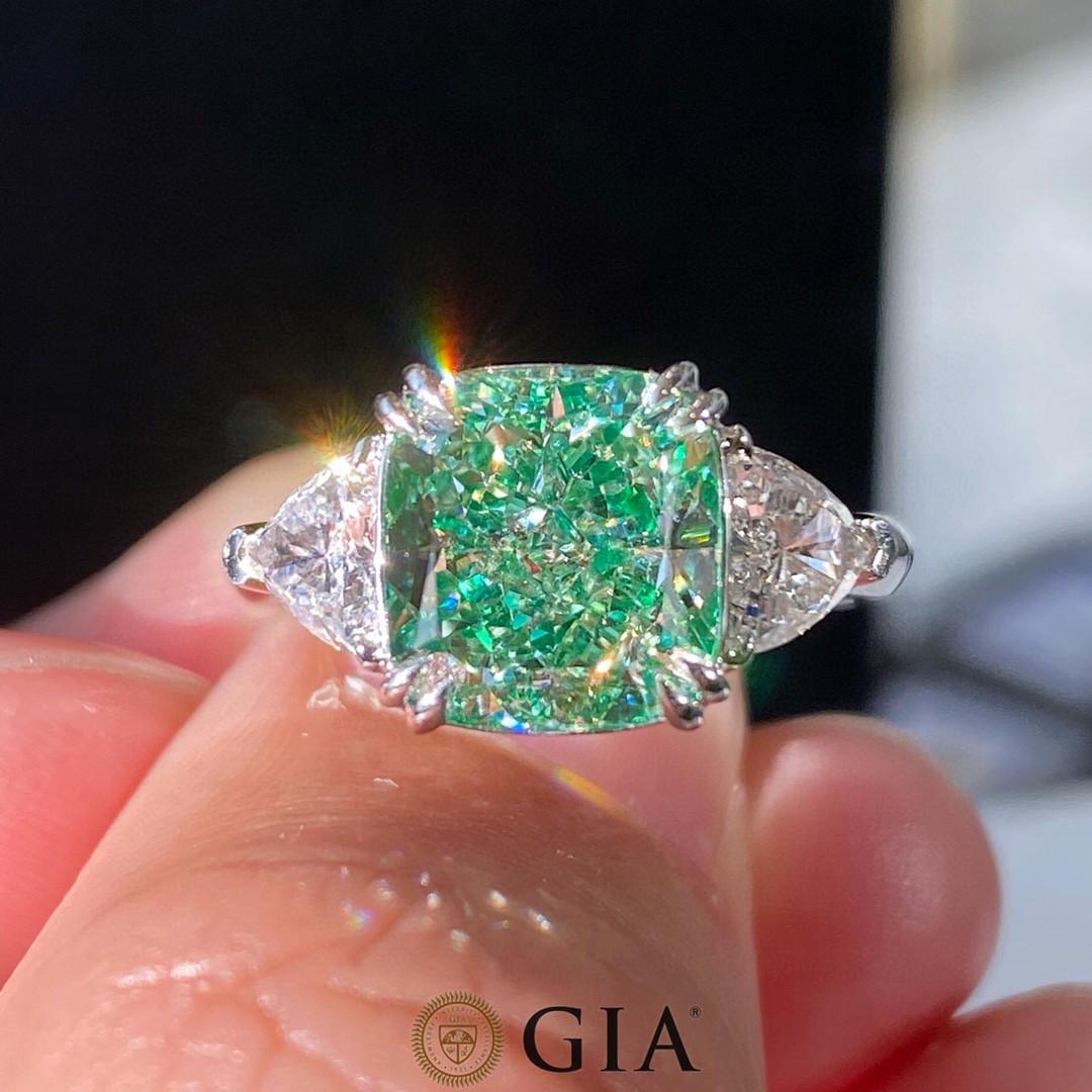 Women's GIA Certified 4.12 Carat Green Diamond Three Stone Engagement Ring For Sale