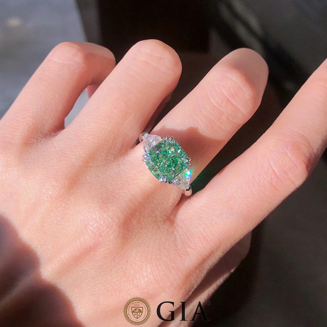 GIA Certified 4.12 Carat Green Diamond Three Stone Engagement Ring For Sale 1