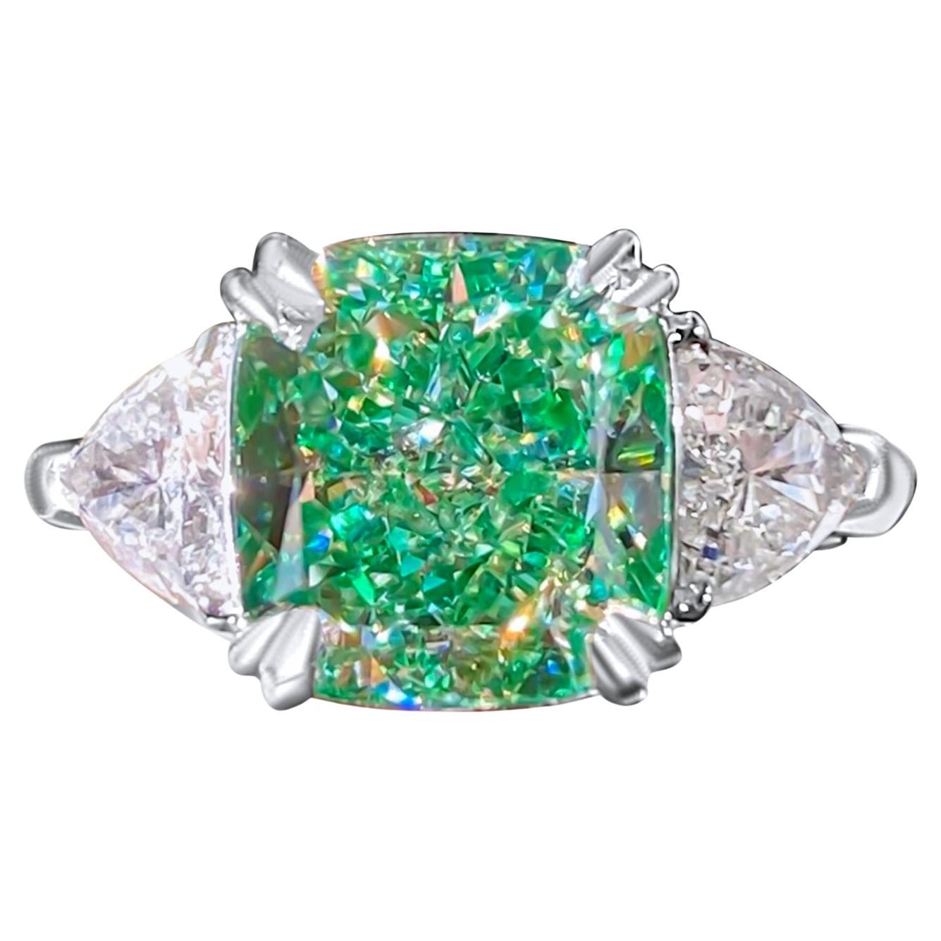 GIA Certified 4.12 Carat Green Diamond Three Stone Engagement Ring For Sale