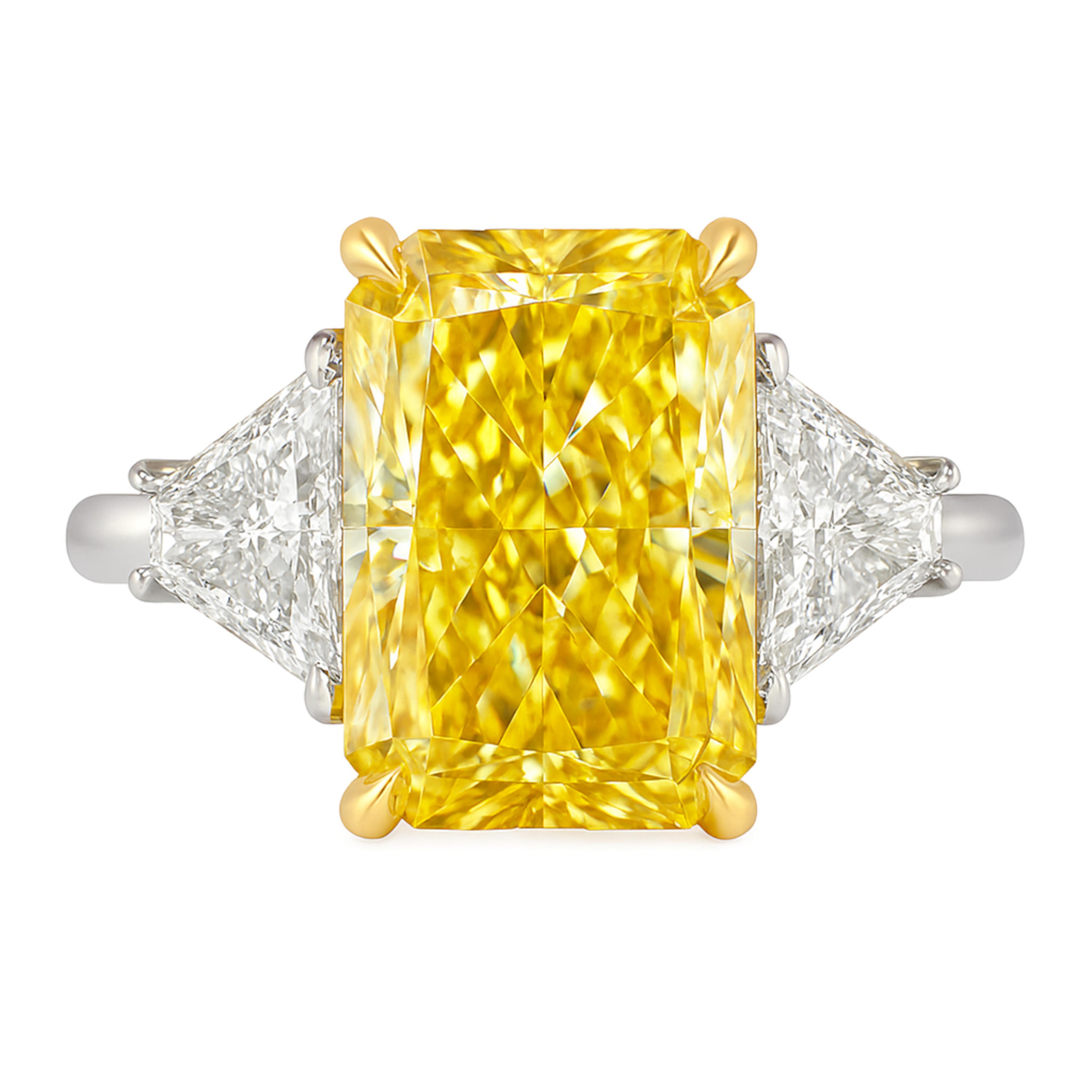 Contemporain Bague en diamant certifié GIA de 4,12 carats, taille radiant, de couleur jaune VIVID en vente