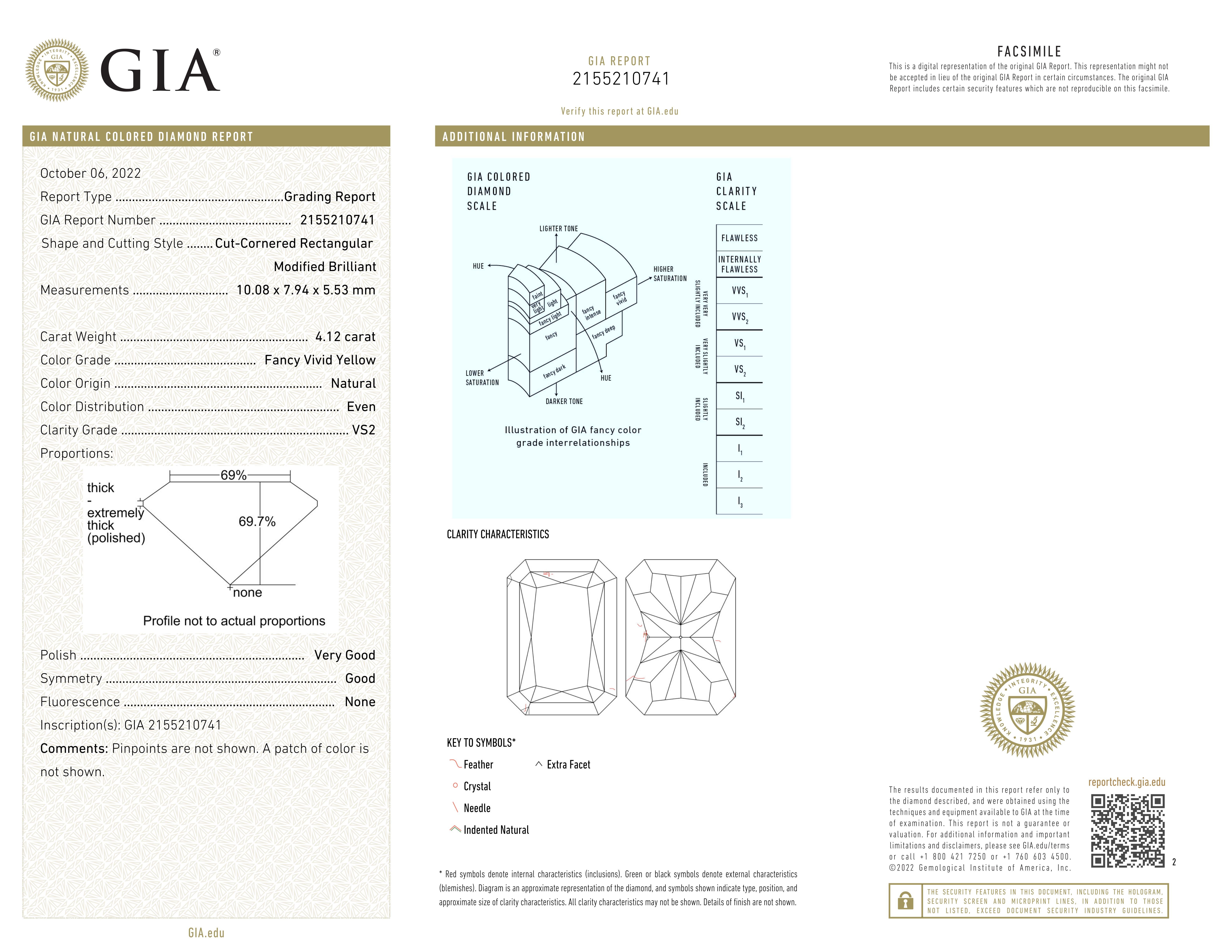 Taille radiant Bague en diamant certifié GIA de 4,12 carats, taille radiant, de couleur jaune VIVID en vente