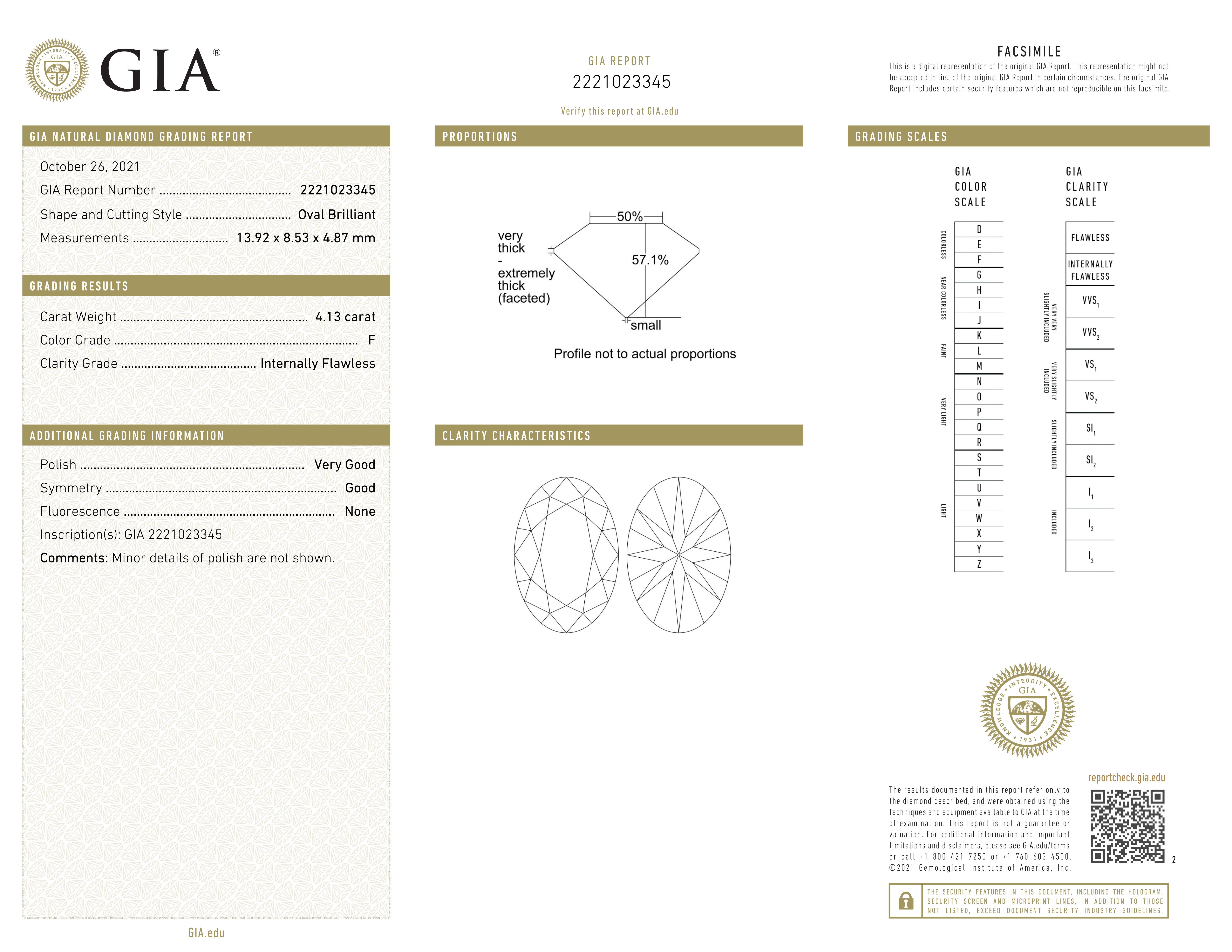 Oval Cut GIA Certified 4.13 Carat F Color Internally Flawless Oval Diamond Ring For Sale