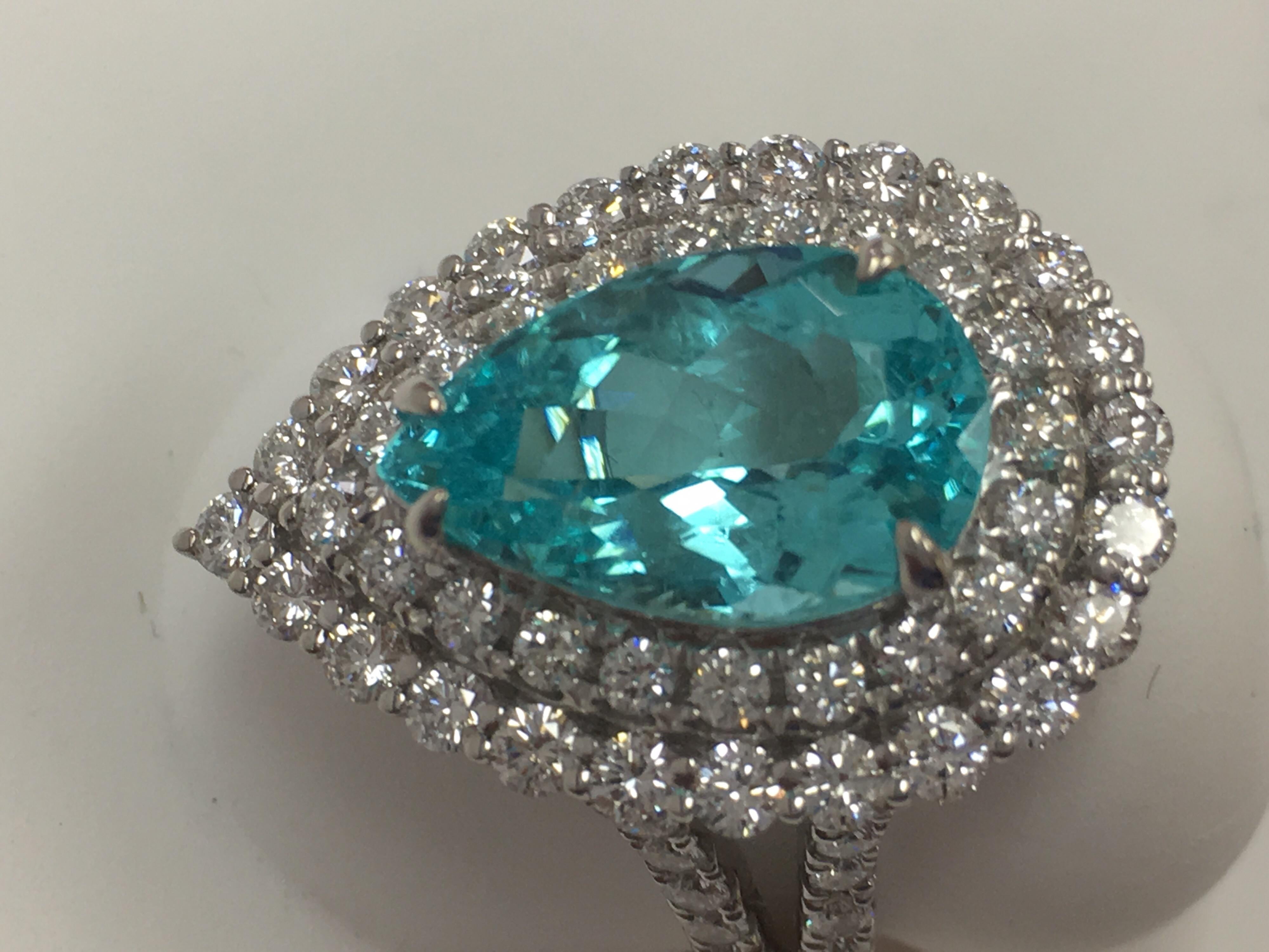 Pear Cut GIA Certified 4.13 Carat Paraiba Tourmaline Diamond Halo Ring