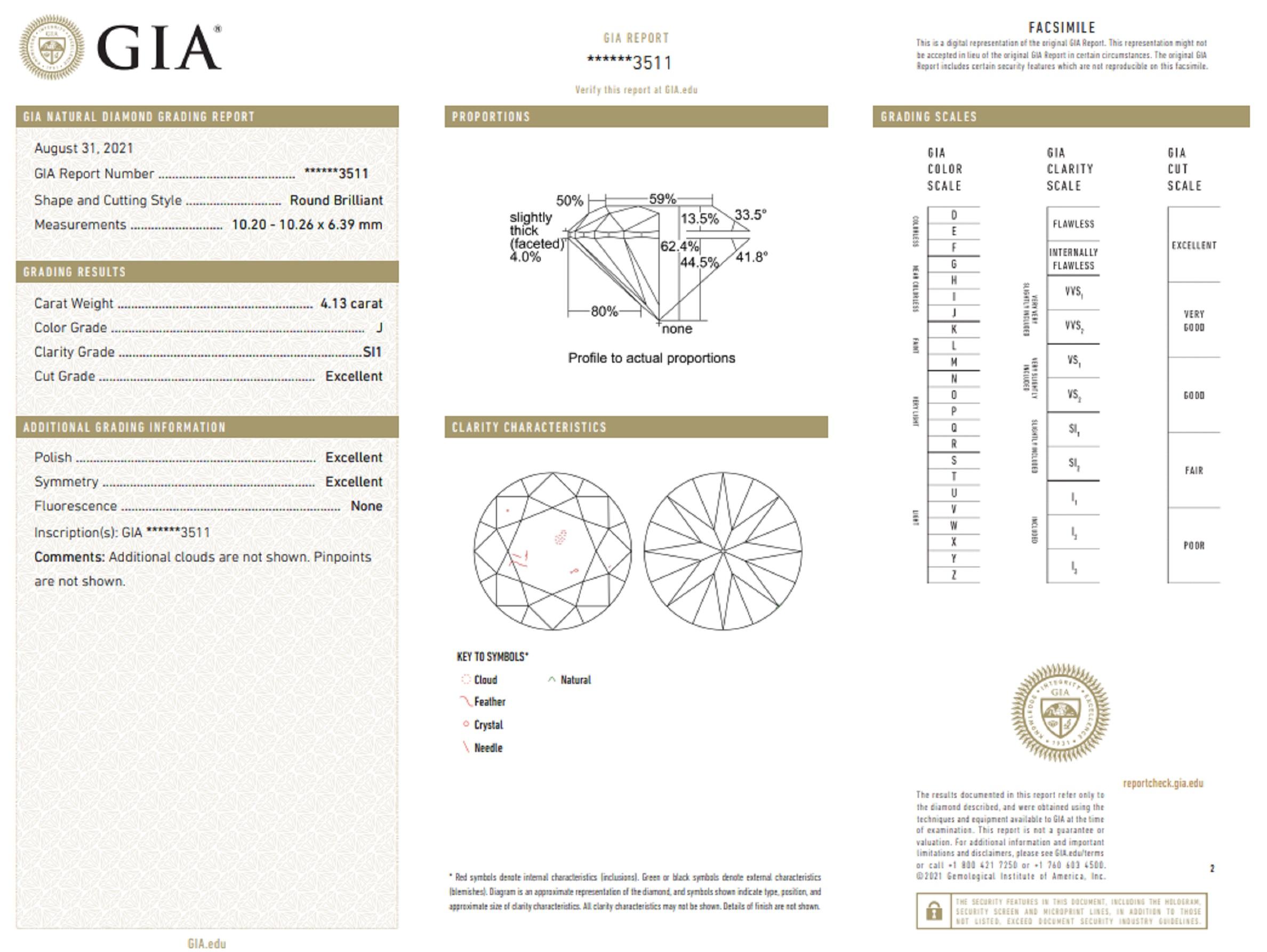 Modern GIA Certified 4.13 Carat Round Brilliant Cut Diamond Platinum Ring