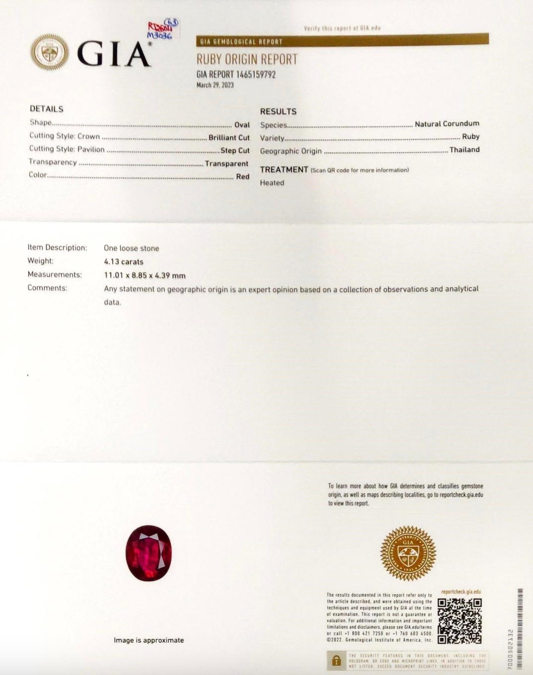 Femenino o masculino Anillo de compromiso de diamantes y rubí tailandés calentado de 4,13 quilates certificado por el GIA en venta