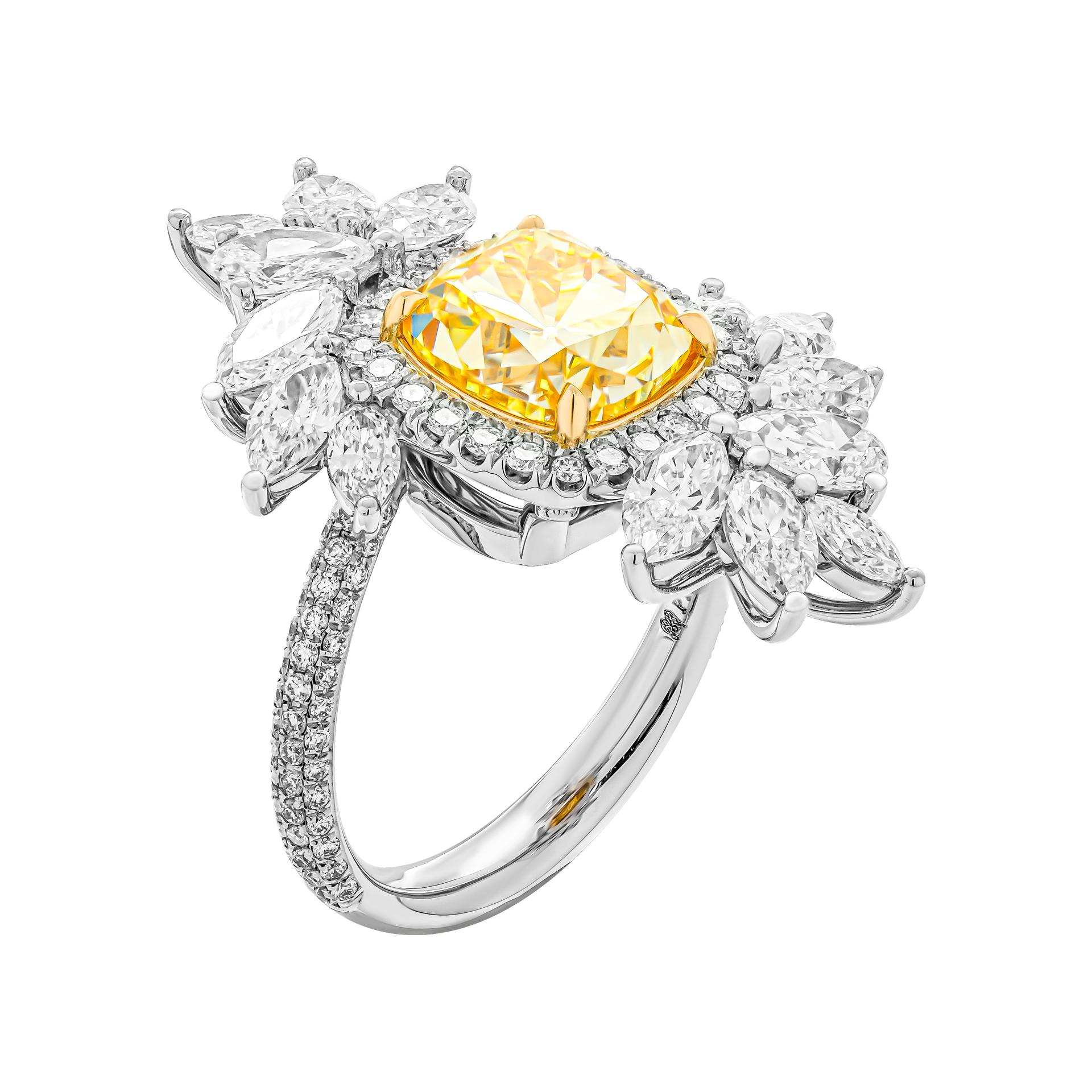 Contemporary GIA Certified 4.13ct Fancy Intense Yellow Vs1 Cushion Brilliant Cut Ring For Sale