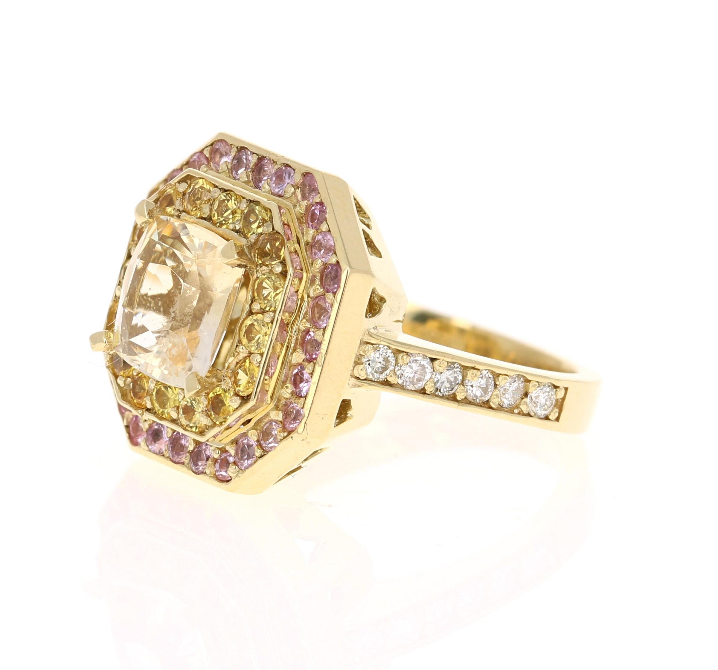 Modern GIA Certified 4.14 Carat Non-Heated Yellow Pink Sapphire Diamond 18K Gold Ring