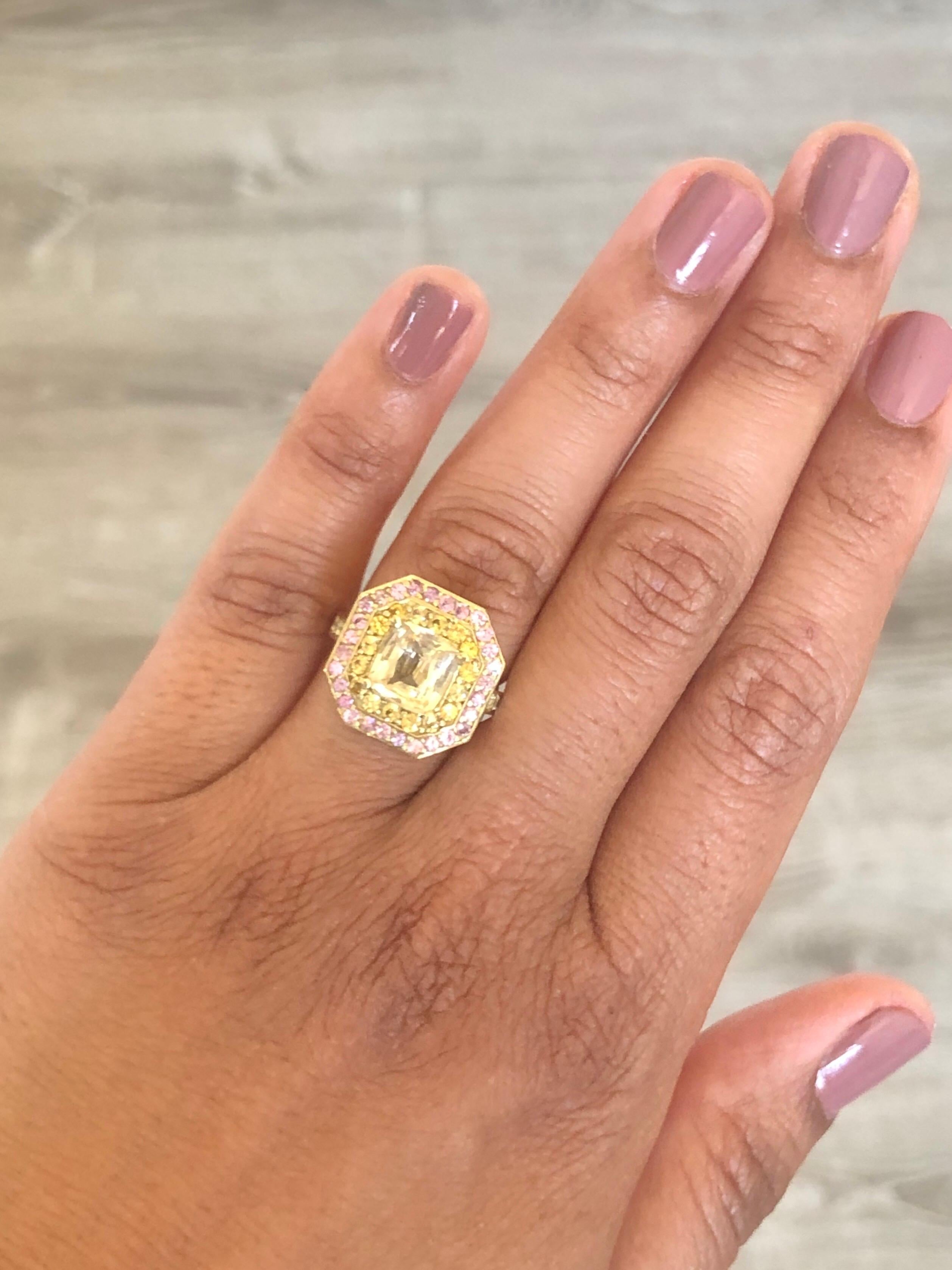 Women's GIA Certified 4.14 Carat Non-Heated Yellow Pink Sapphire Diamond 18K Gold Ring