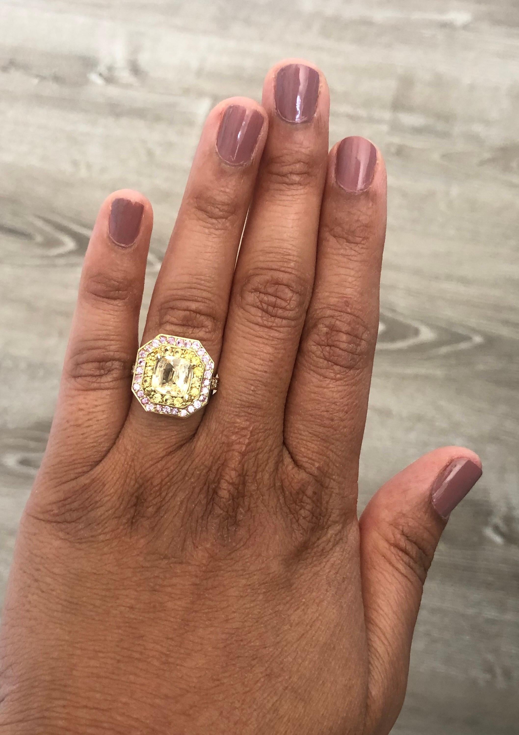 GIA Certified 4.14 Carat Non-Heated Yellow Pink Sapphire Diamond 18K Gold Ring 1