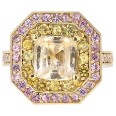 GIA Certified 4.14 Carat Non-Heated Yellow Pink Sapphire Diamond 18K Gold Ring