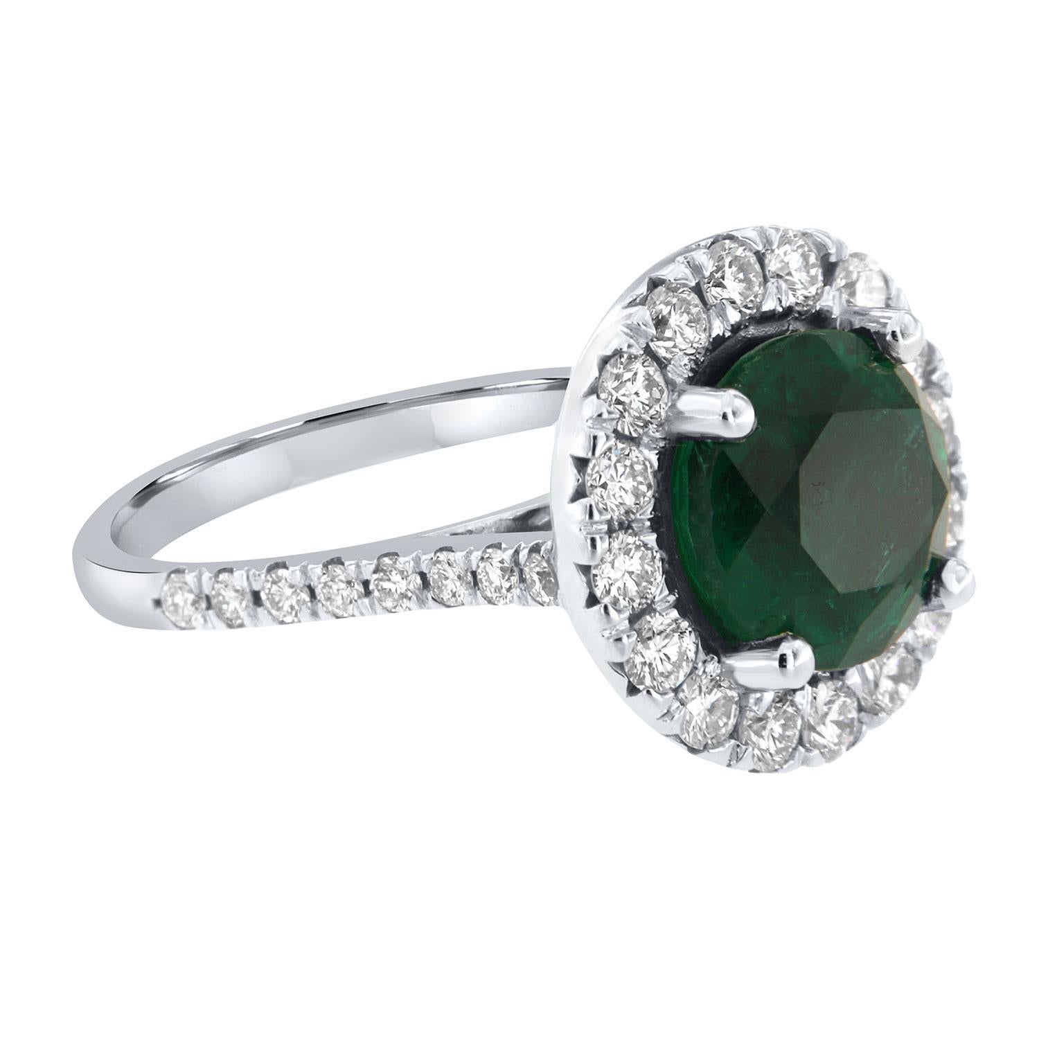 Round Cut GIA Certified 4.14 Carat Round Green Emerald Halo 14K White Gold Diamond Ring For Sale