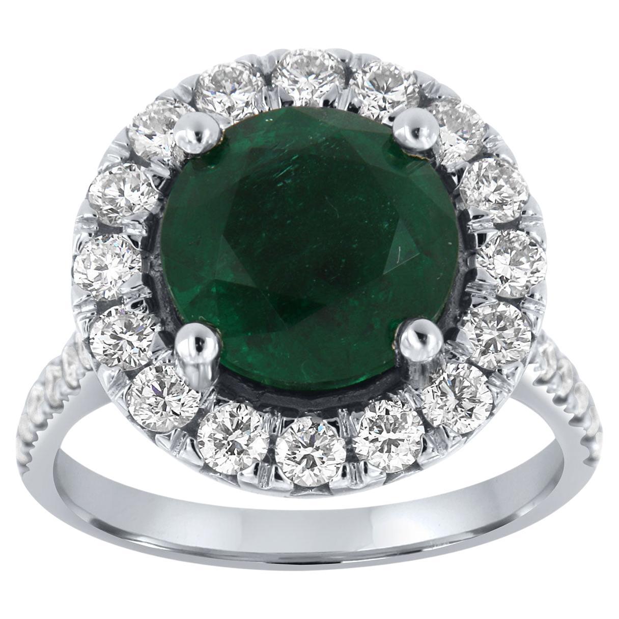 GIA Certified 4.14 Carat Round Green Emerald Halo 14K White Gold Diamond Ring For Sale