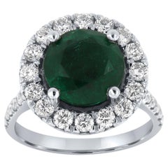GIA Certified 4.14 Carat Round Green Emerald Halo 14K White Gold Diamond Ring