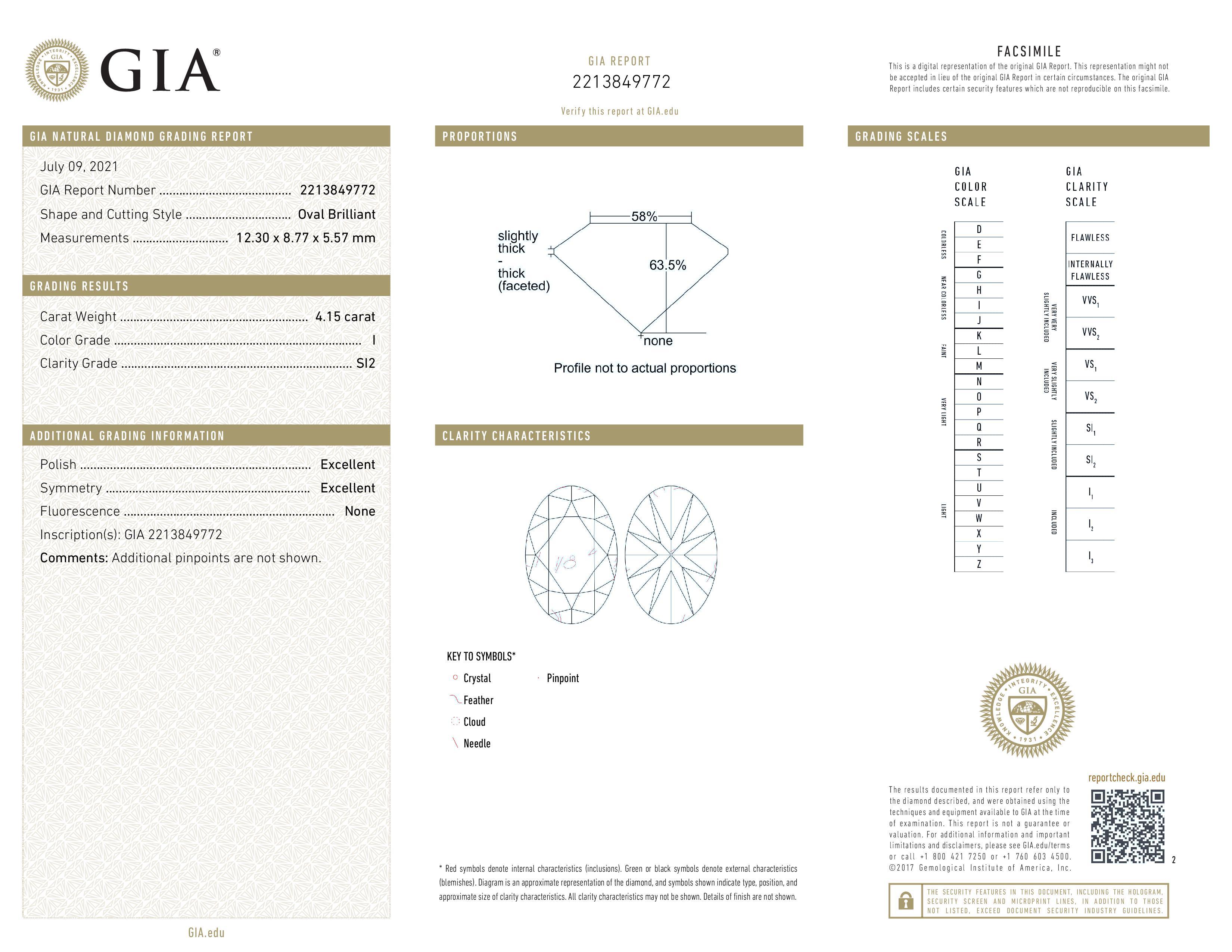 GIA-zertifizierter 4,15 Karat Diamantring mit ' Hauptstein' im Ovalschliff im Zustand „Neu“ in Chicago, IL