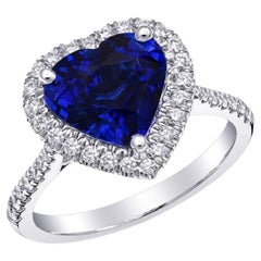 GIA Certified 4.16 Carat Blue Sapphire Diamond 18k White Gold Ring, Heart Ring
