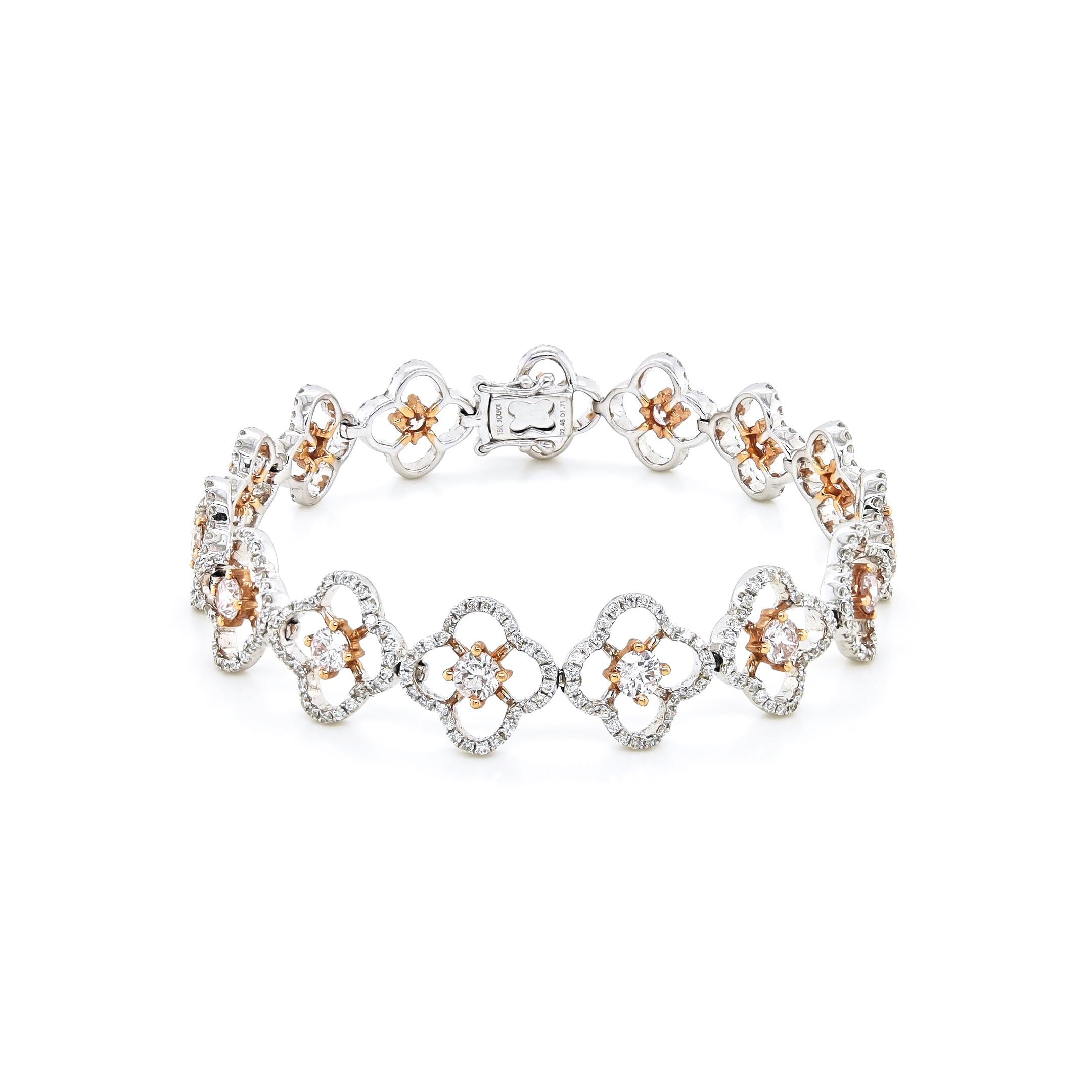 Round Cut GIA Certified 4.16 Carats Pink and White Diamond Rose and White Gold Bracelet For Sale