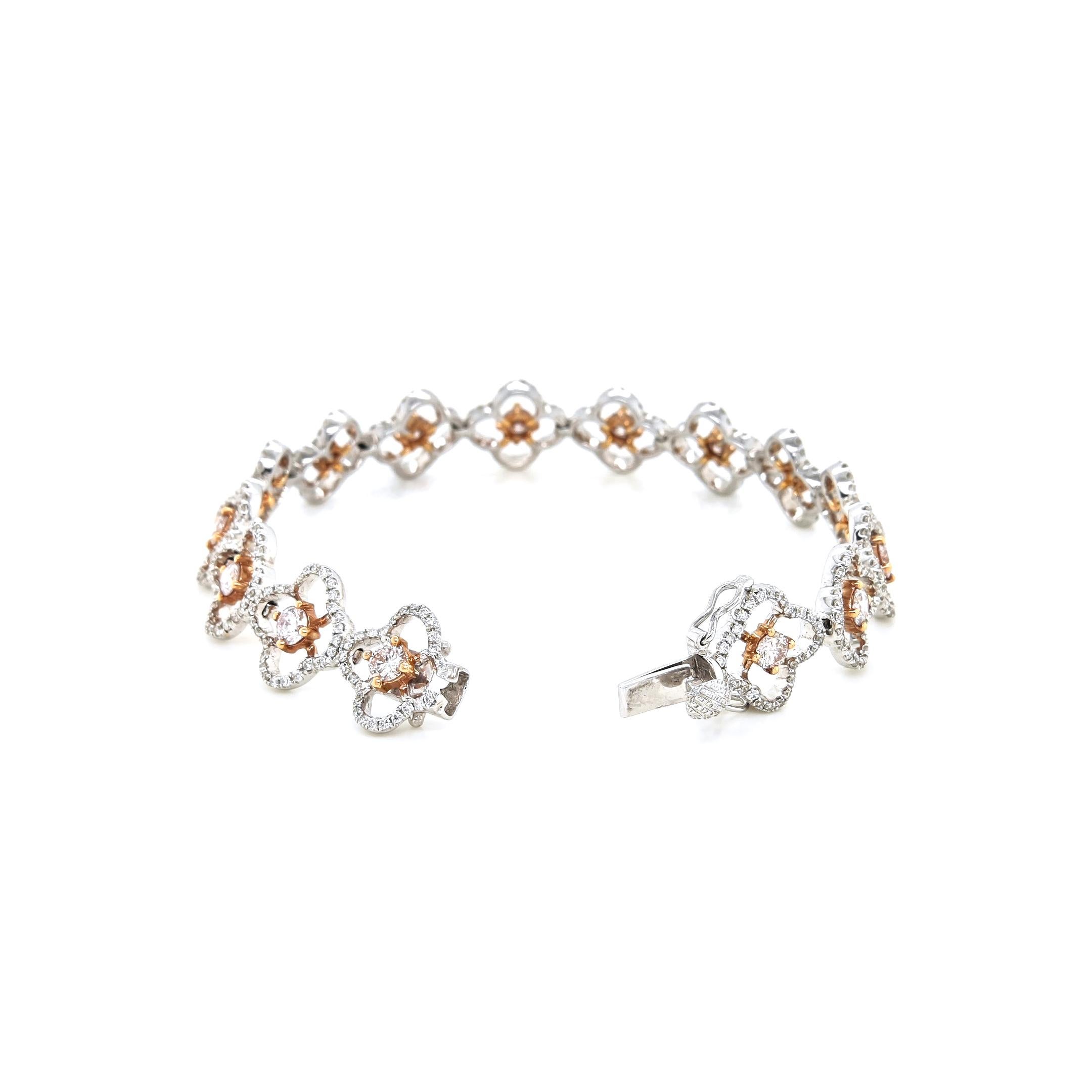 GIA Certified 4.16 Carats Pink and White Diamond Rose and White Gold Bracelet In New Condition For Sale In New York, NY
