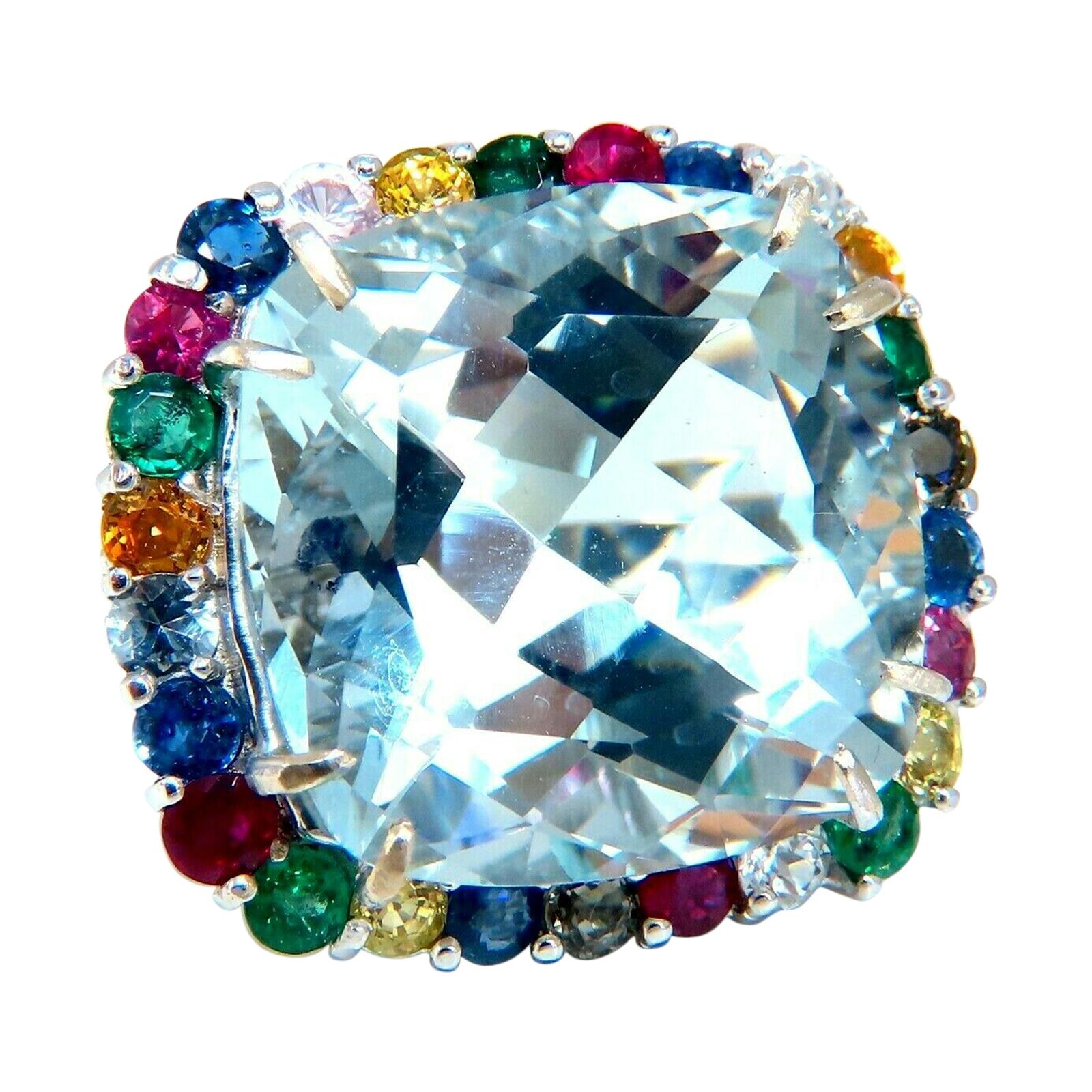 GIA Certified 41.62ct Natural Aquamarine Diamonds & Color Sapphires Ring 14kt