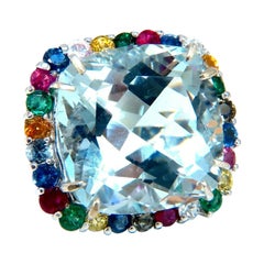 Bague en or 14 carats avec aigue-marine naturelle certifiée GIA de 41,62 carats, diamants et saphirs de couleur