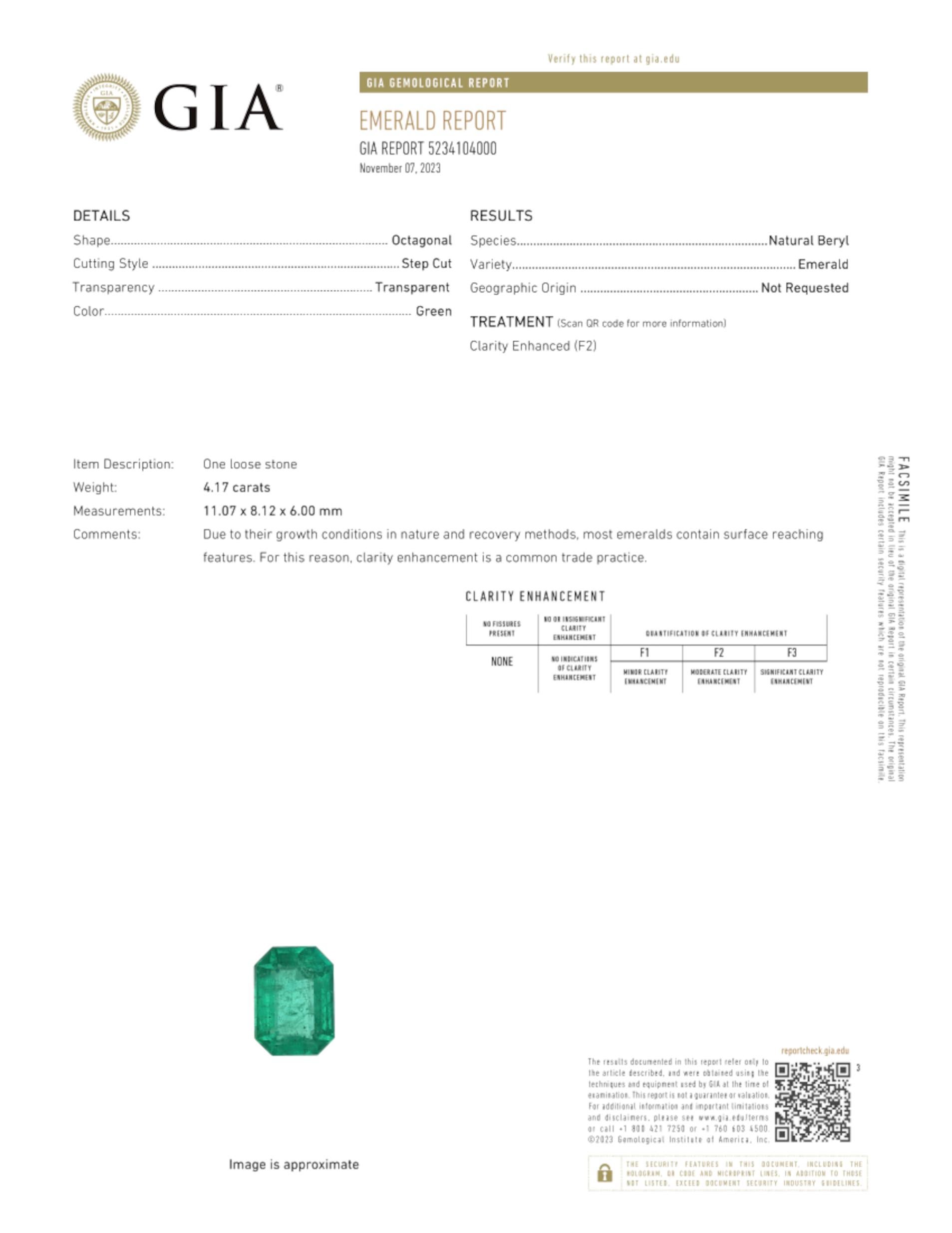 Emerald Cut GIA Certified 4.17 Carat Emerald Platinum Ring VVS Clarity side diamonds For Sale