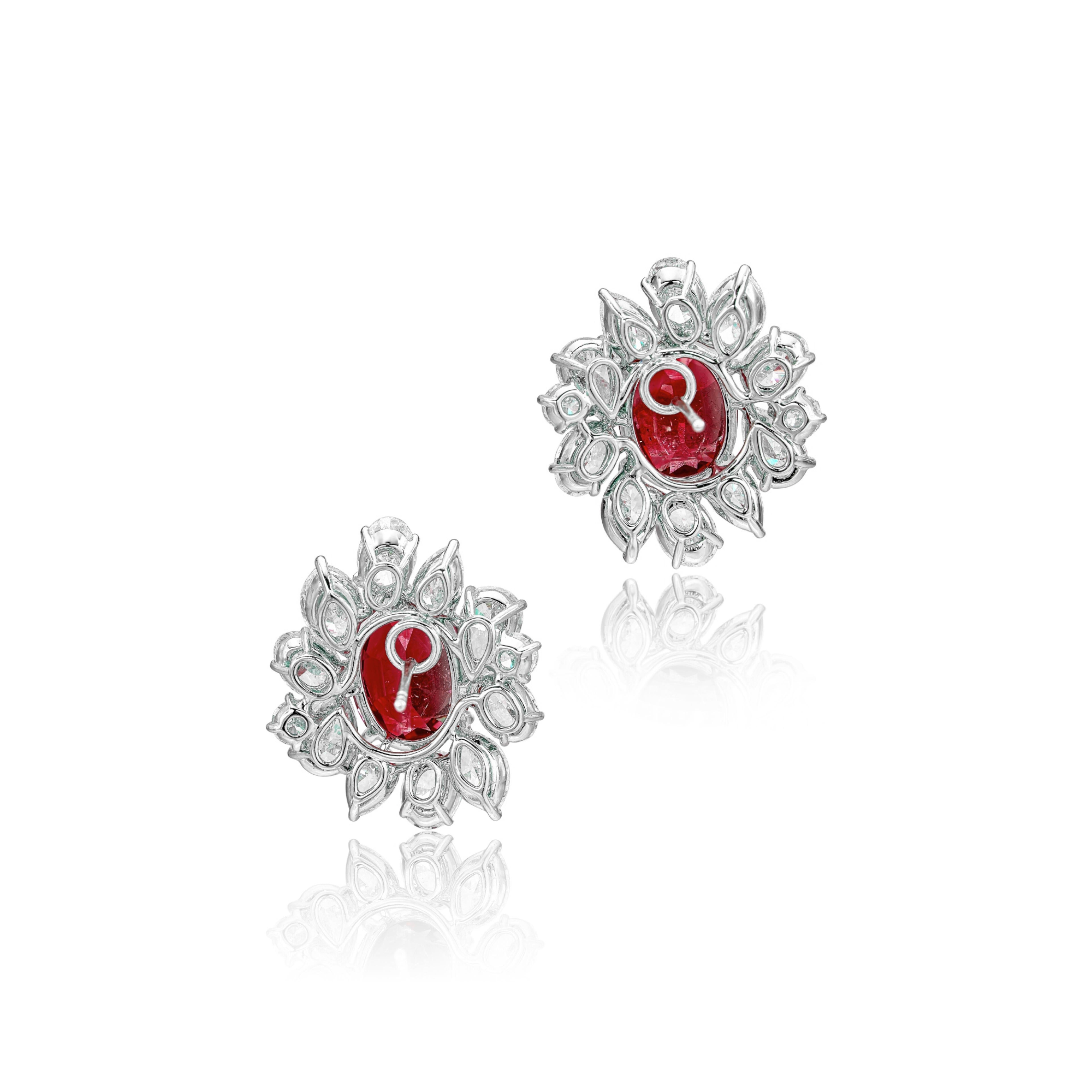 GIA Certified 4.17 Oval Red Ruby Cluster Diamond Earrings In New Condition For Sale In Chicago, IL