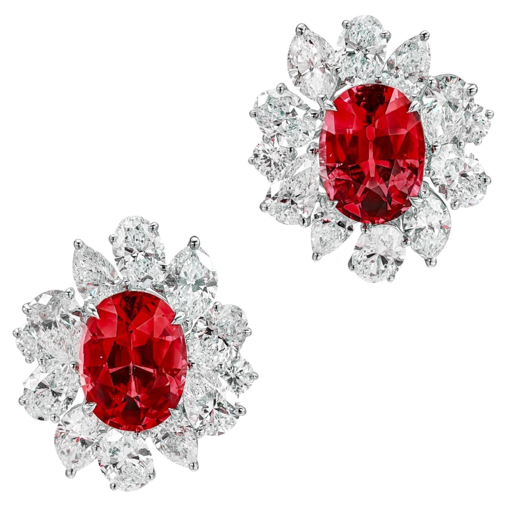 GIA Certified 4.17 Oval Red Ruby Cluster Diamond Earrings For Sale