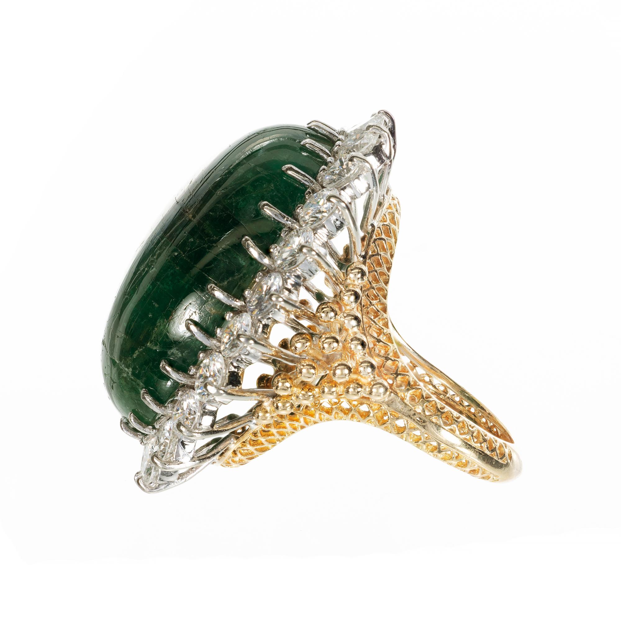 Oval Cut GIA Certified 41.78 Carat Cabochon Emerald Diamond Gold Cocktail Ring