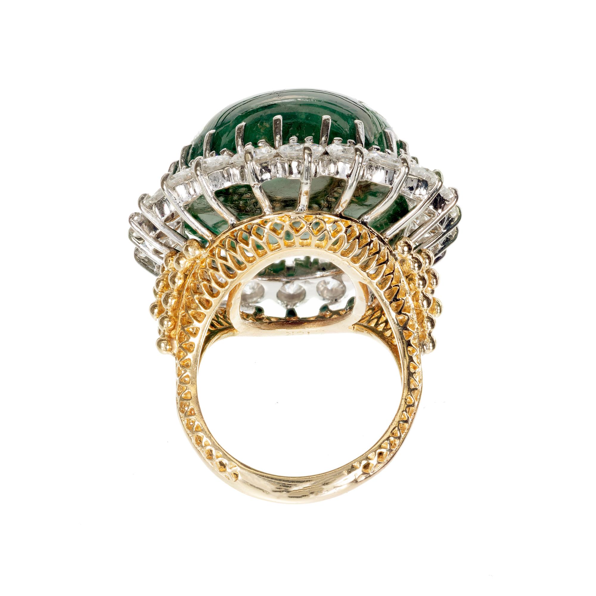 GIA Certified 41.78 Carat Cabochon Emerald Diamond Gold Cocktail Ring In Excellent Condition In Stamford, CT