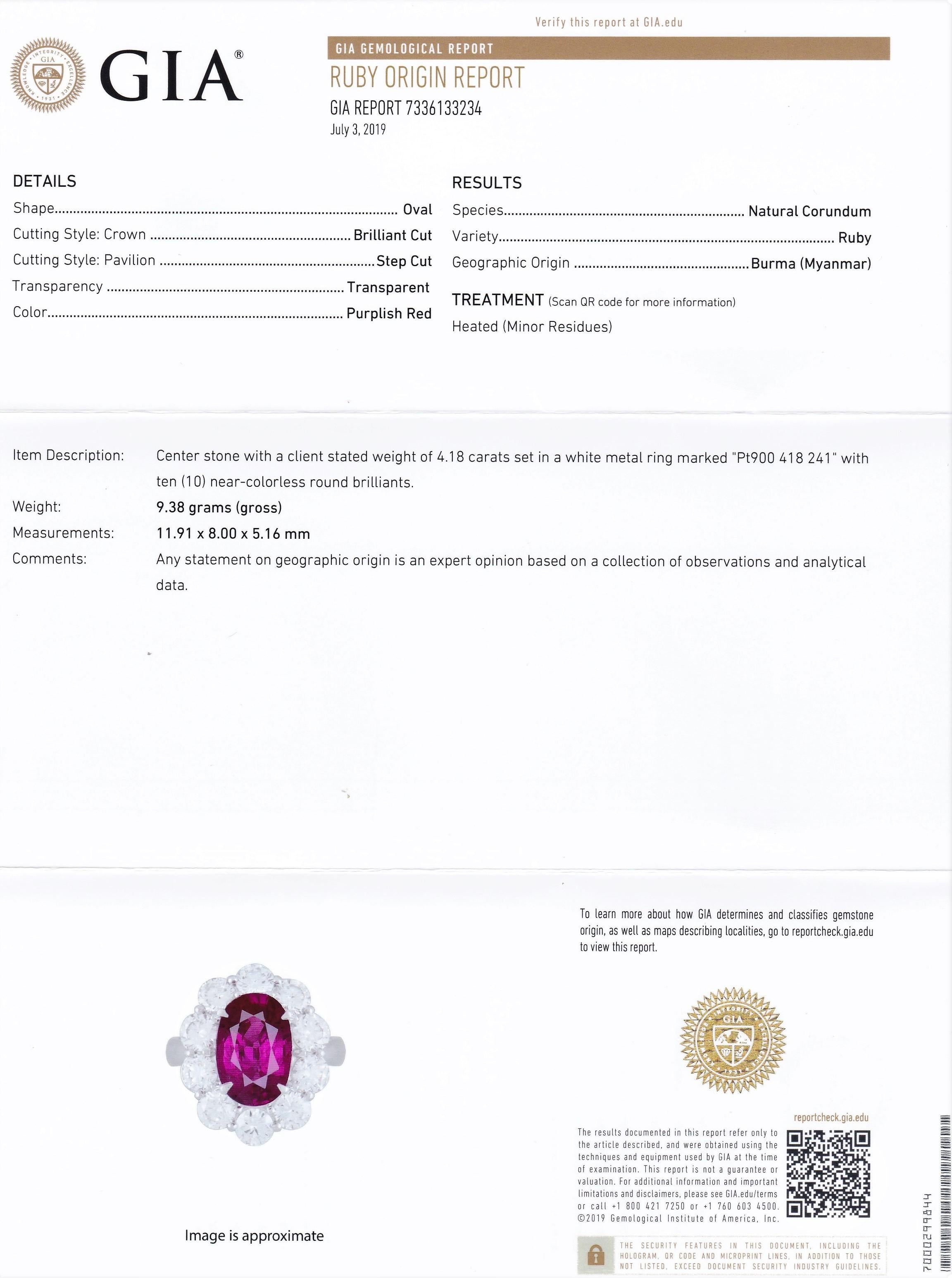 Oval Cut GIA Certified 4.18 Carat BURMA Ruby and 2.41 Carat Diamond Wedding Ring For Sale