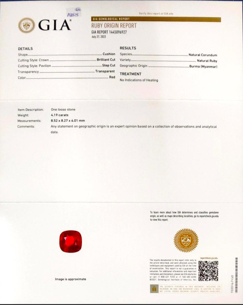 GIA-zertifizierter 4,19 Karat burmesischer Rubin-Ring ohne Hitze aus 18 Karat Gold für Damen oder Herren