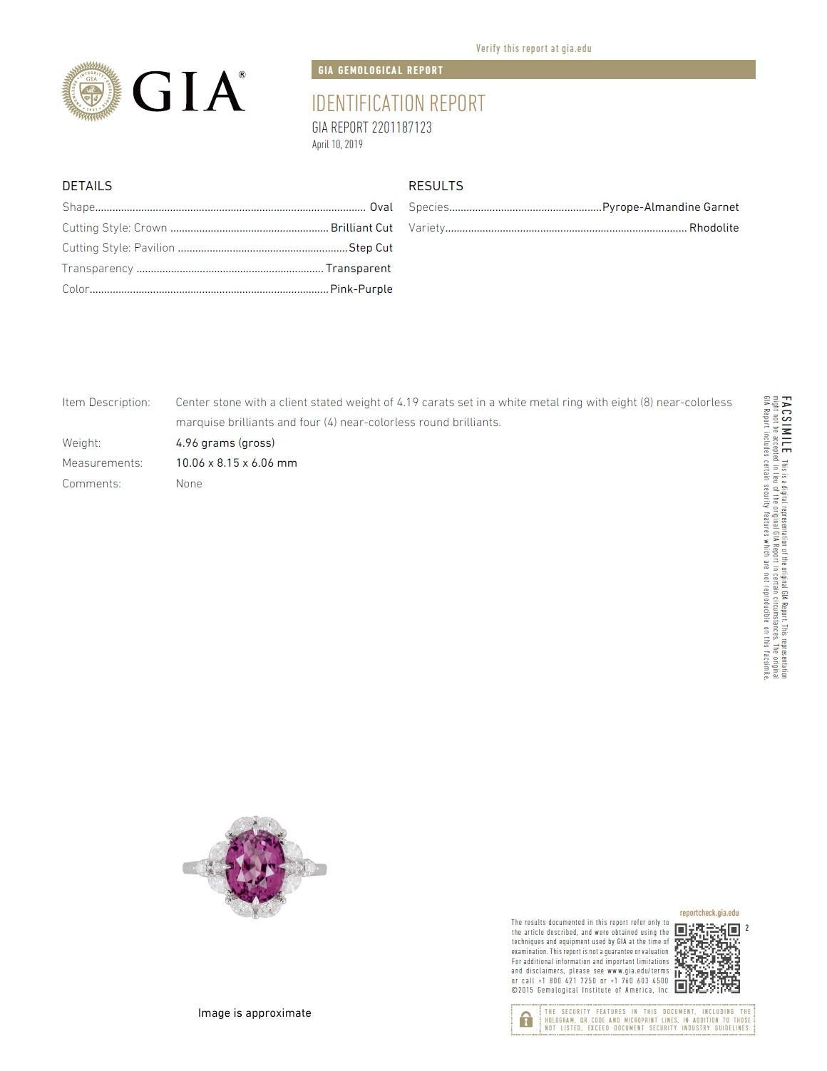 Women's DiamondTown GIA Certified 4.19 Carat Oval Cut Exotic Pink-Purple Garnet Ring