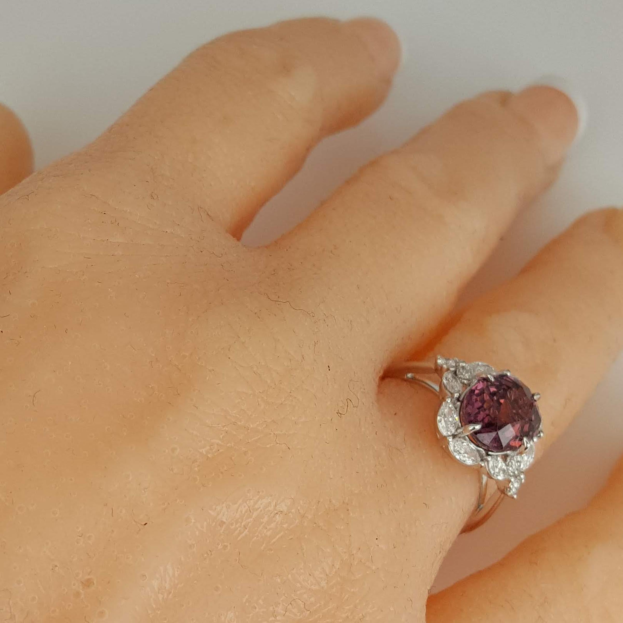 Contemporary DiamondTown GIA Certified 4.19 Carat Oval Cut Exotic Pink-Purple Garnet Ring