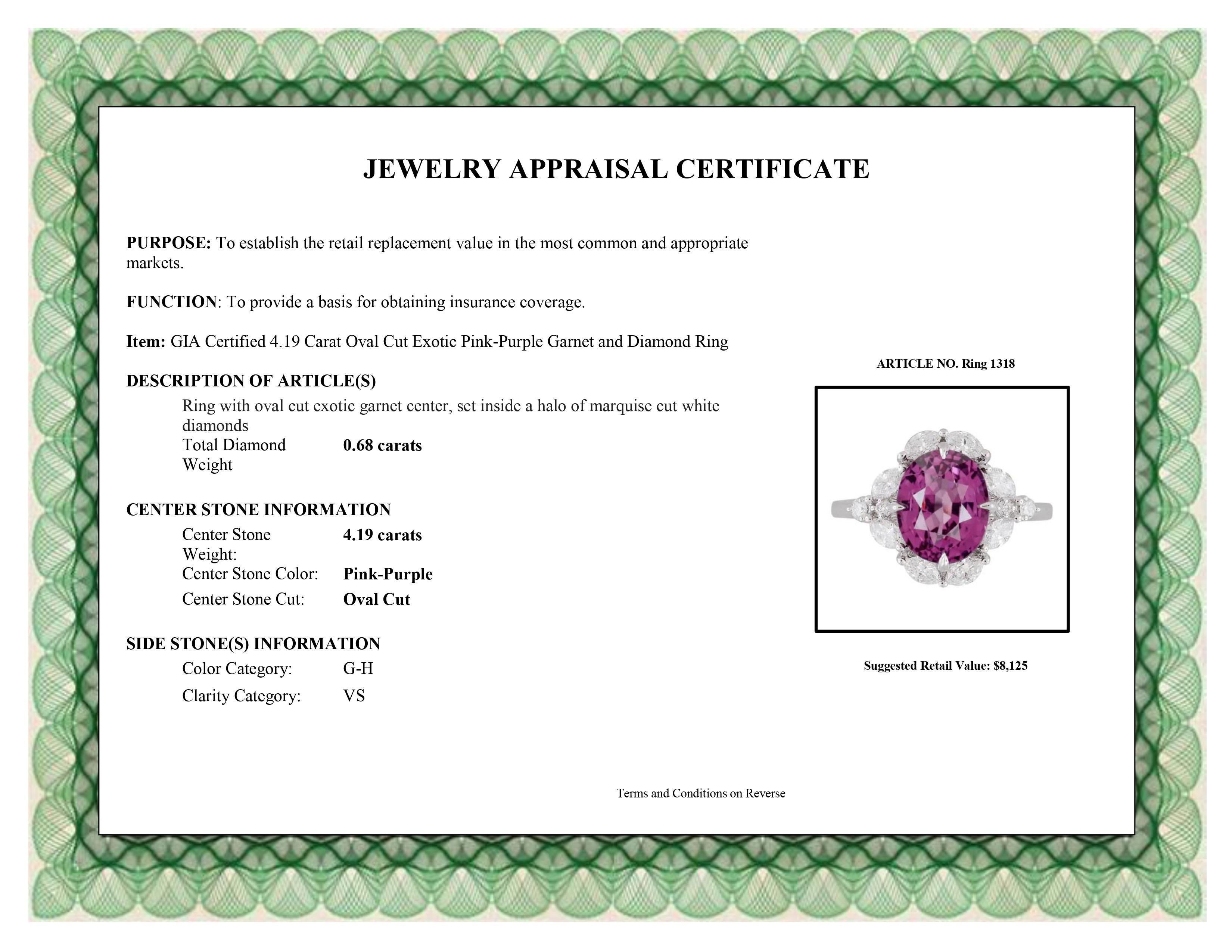 DiamondTown GIA Certified 4.19 Carat Oval Cut Exotic Pink-Purple Garnet Ring 2