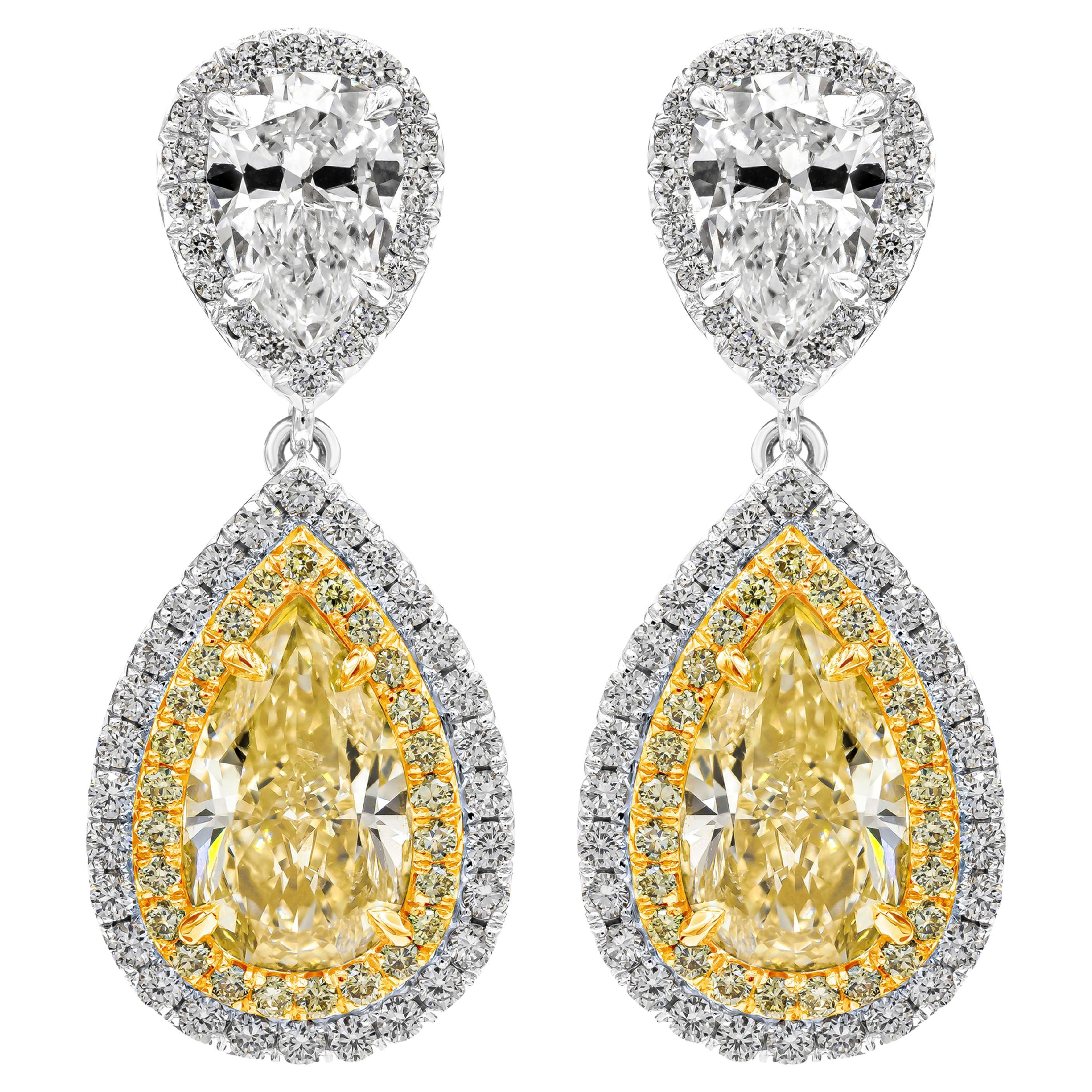 Pendants d'oreilles avec double halo de diamants jaunes certifiés GIA de 4,19 carats au total