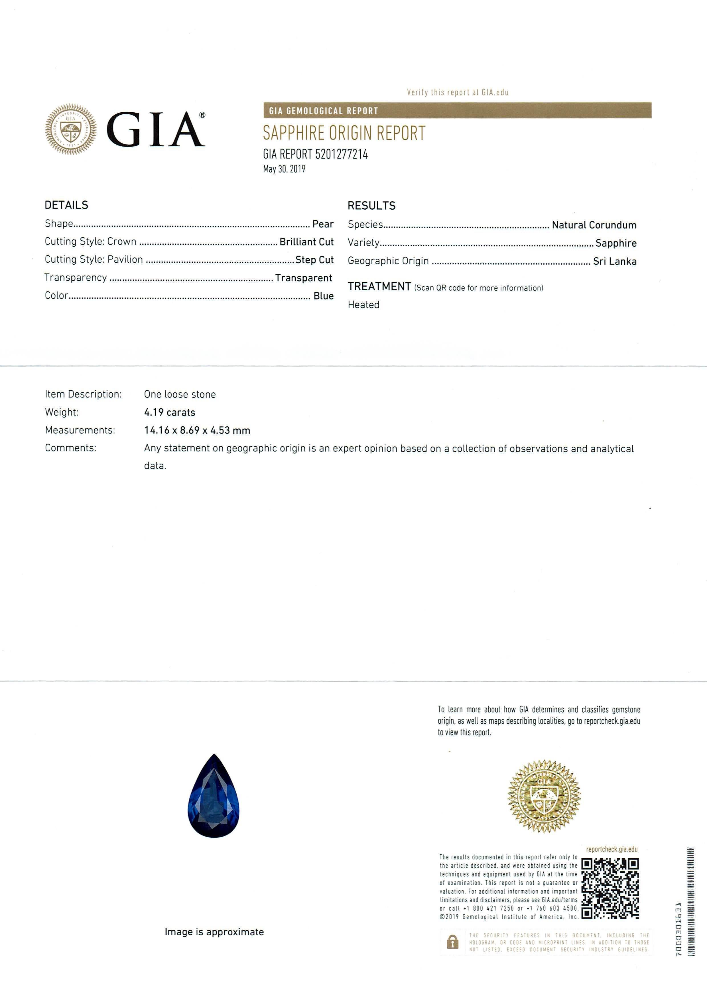 GIA Certified 4.2 Carat Ceylon Blue Pear Sapphire &  2 Ct Diamond Ring Platinum In Excellent Condition In New York, NY